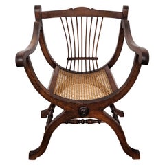 Retro Italian Wooden Carved Caned Back Slatted Savonarola Design Arm Chairs