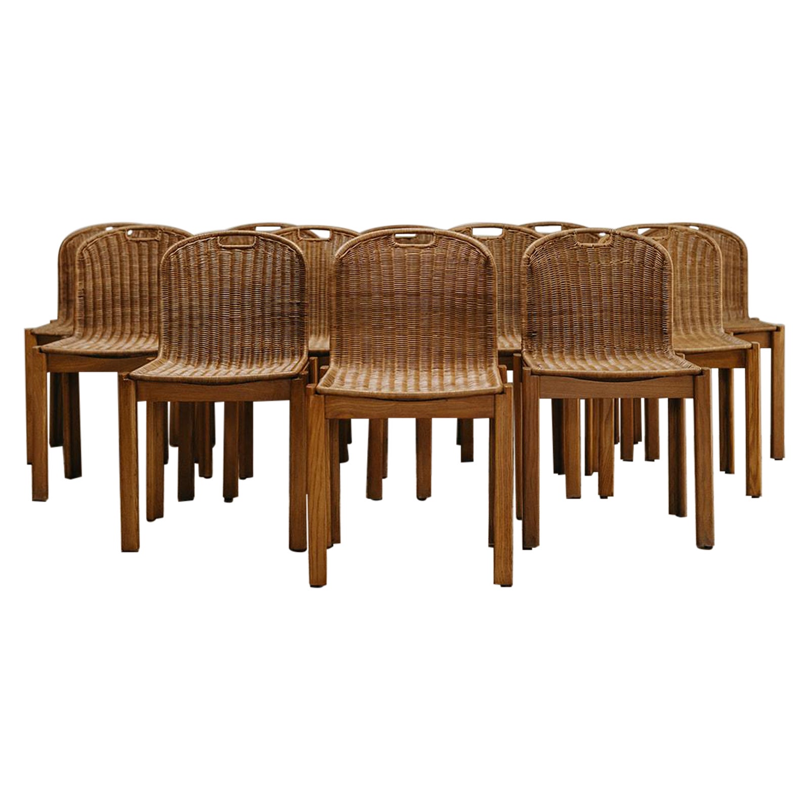 1970's Italian oak and rattan dining chairs ...  For Sale