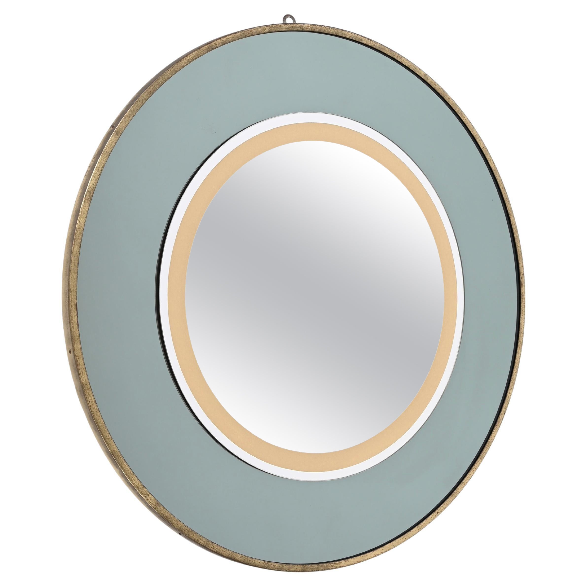 Miroir rond italien en laiton, vert Sage et Greene & Greene, par Cristal Art, 1970 