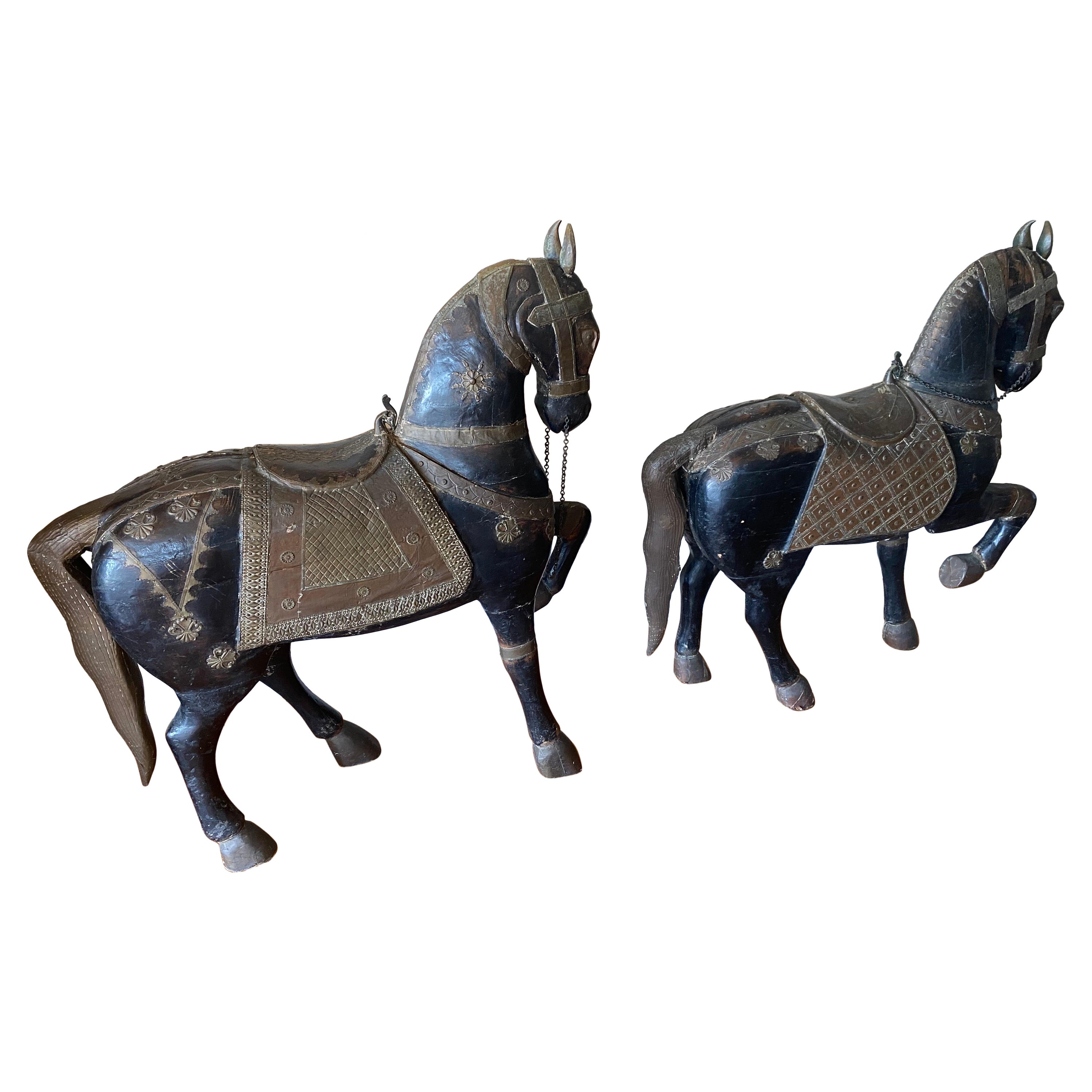 Pair of Late 19th C Indian Carved Wood Painted Horse Sculptures For Sale