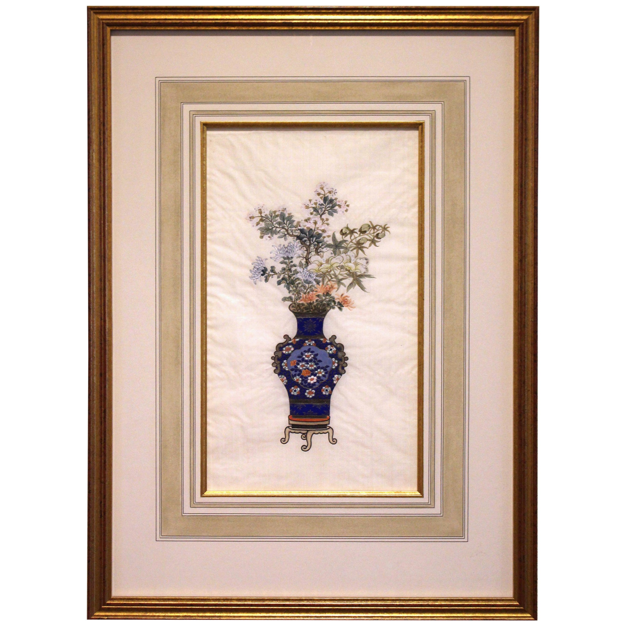 Fin du 19e siècle Chrysanthème Peinture chinoise sur soie en vente