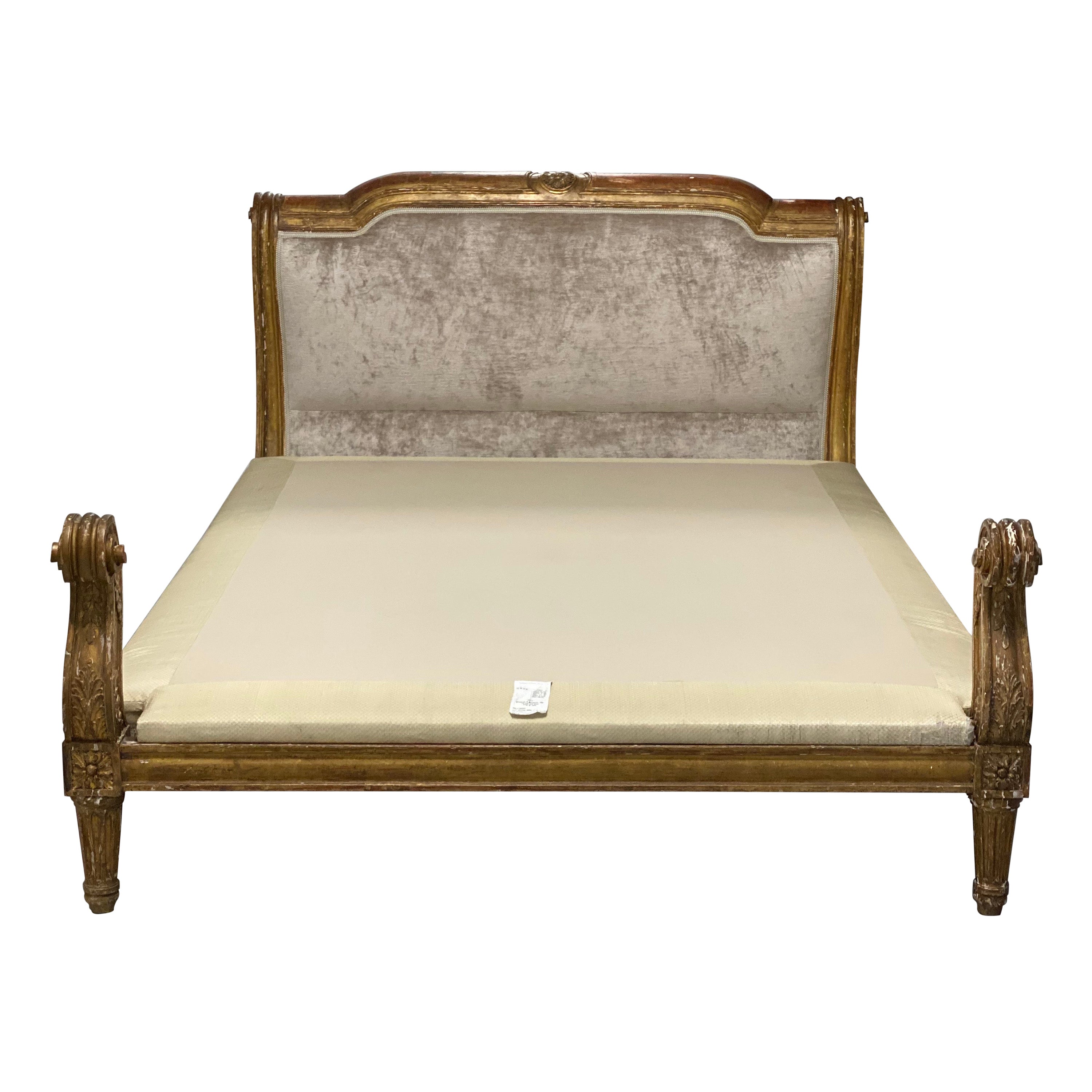 19th C. French Gilt-Wood Customized Queen Sleigh Bed with Mattress, David Easton For Sale
