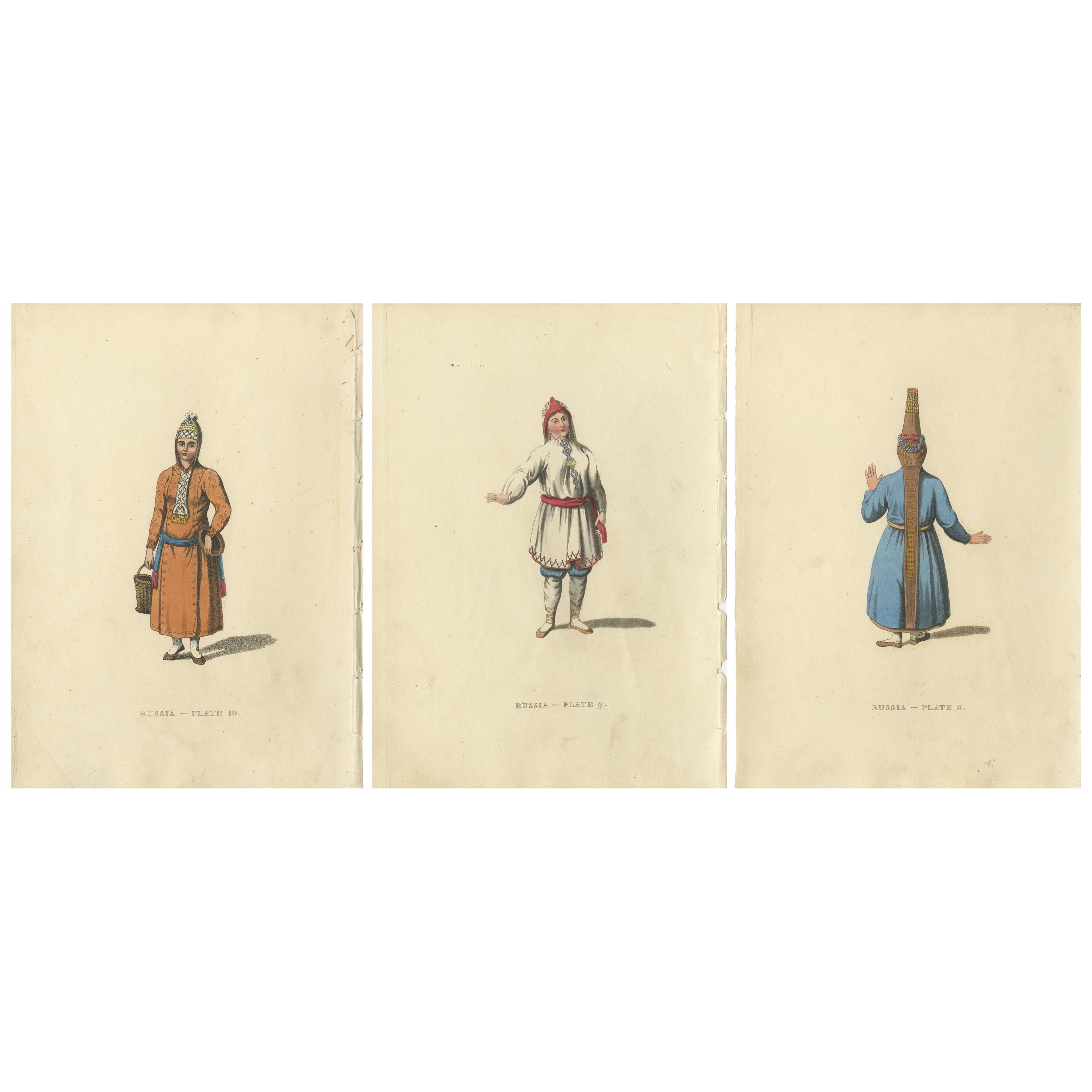 A Visual Journey through 19th-Century Russian Ethnic Attire, Engraved in 1814 For Sale