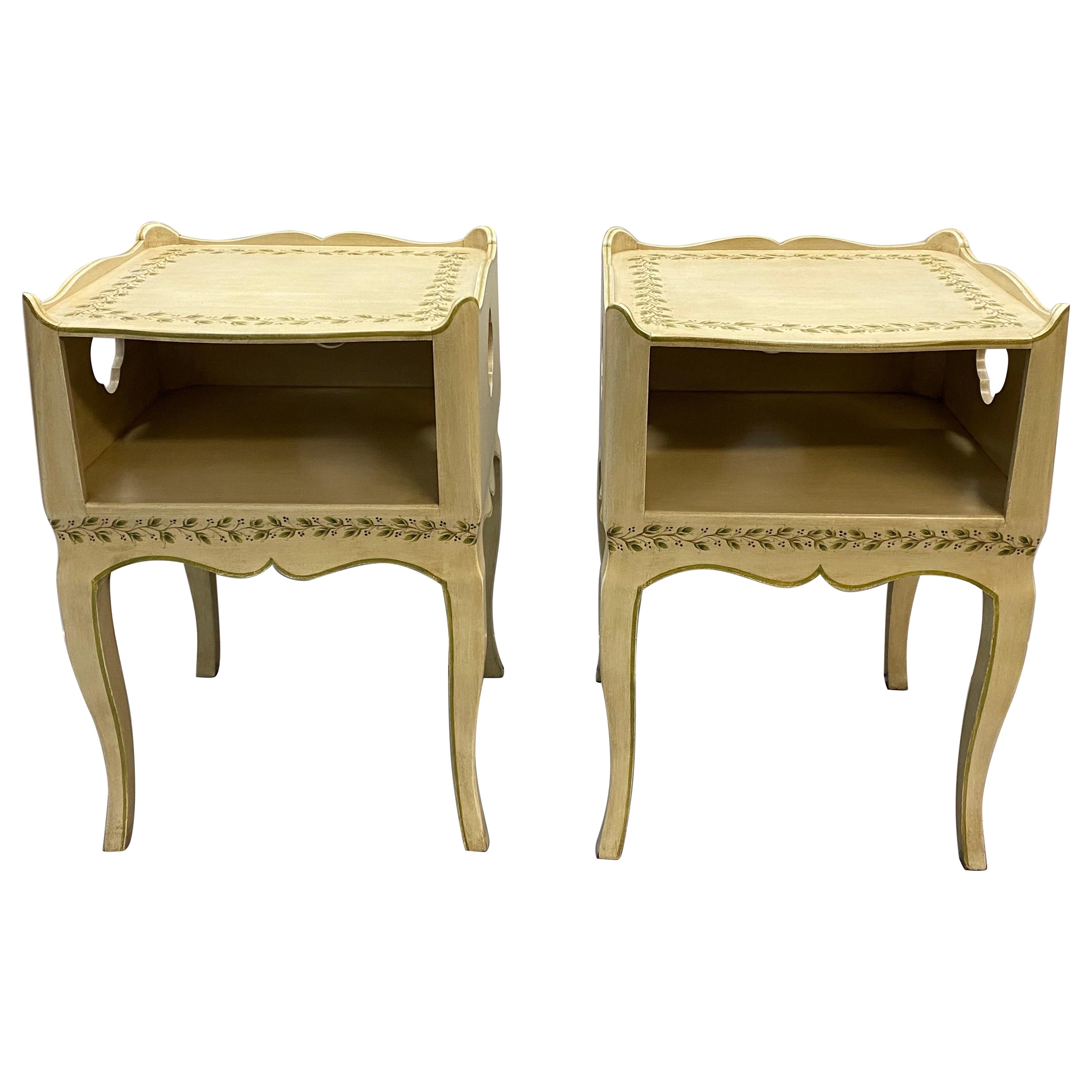 Pair of Painted Louis XV Style Night Stands with Leaf Decoration For Sale
