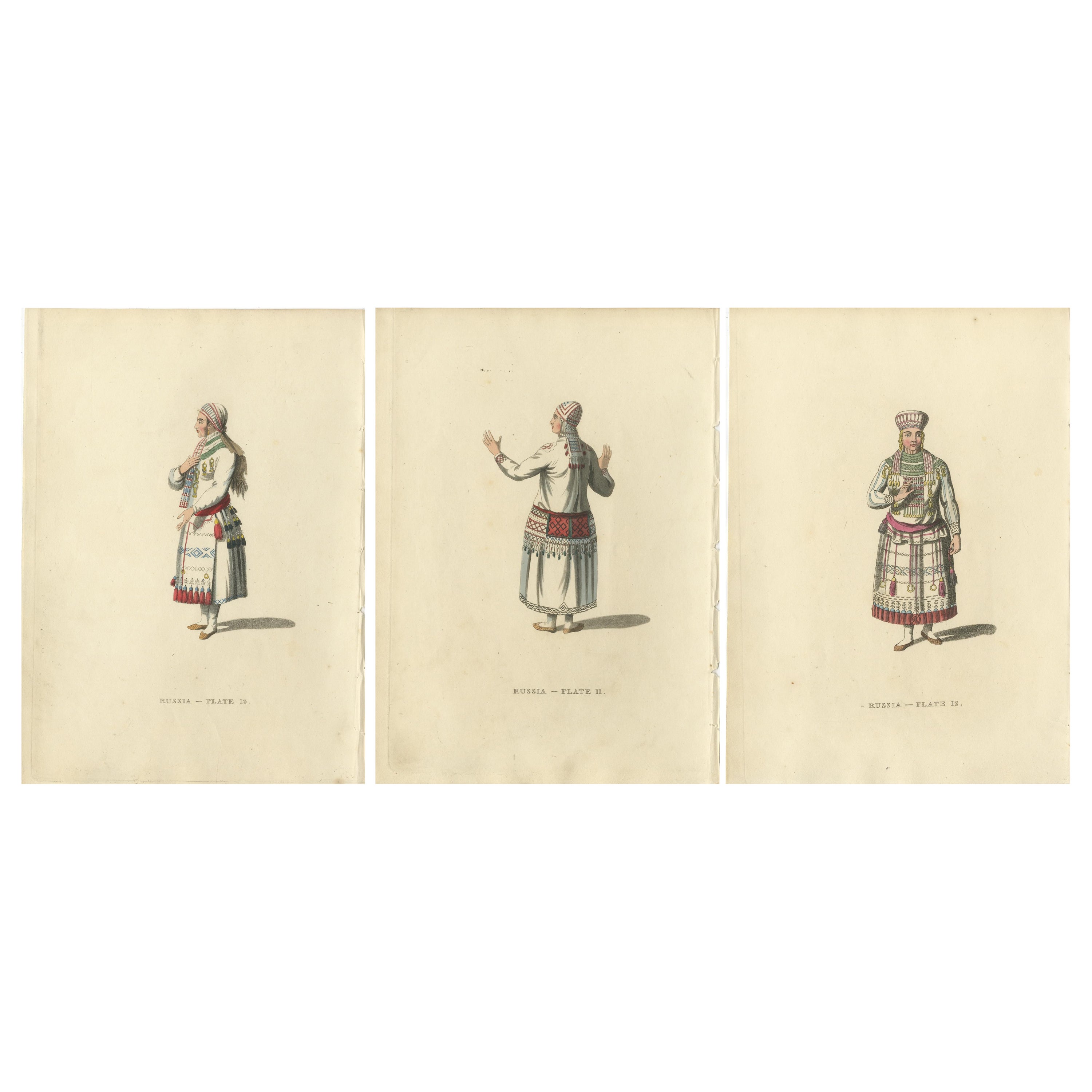 Ethnic Elegance: The Mordvin Attire of 19th-Century Russia Engraved, 1814 For Sale
