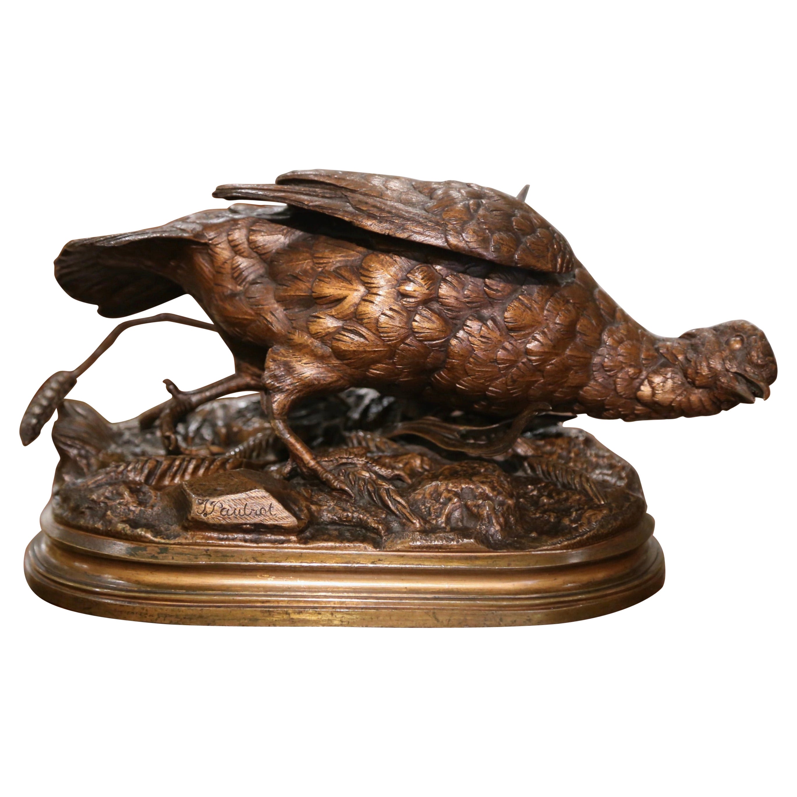 Französische Fasanenskulptur aus patinierter Bronze des 19. Jahrhunderts, signiert F. Pautrot