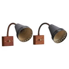 Swedish Designer, Wall Lights, Brass, Teak, Metal, Sweden, 1950s