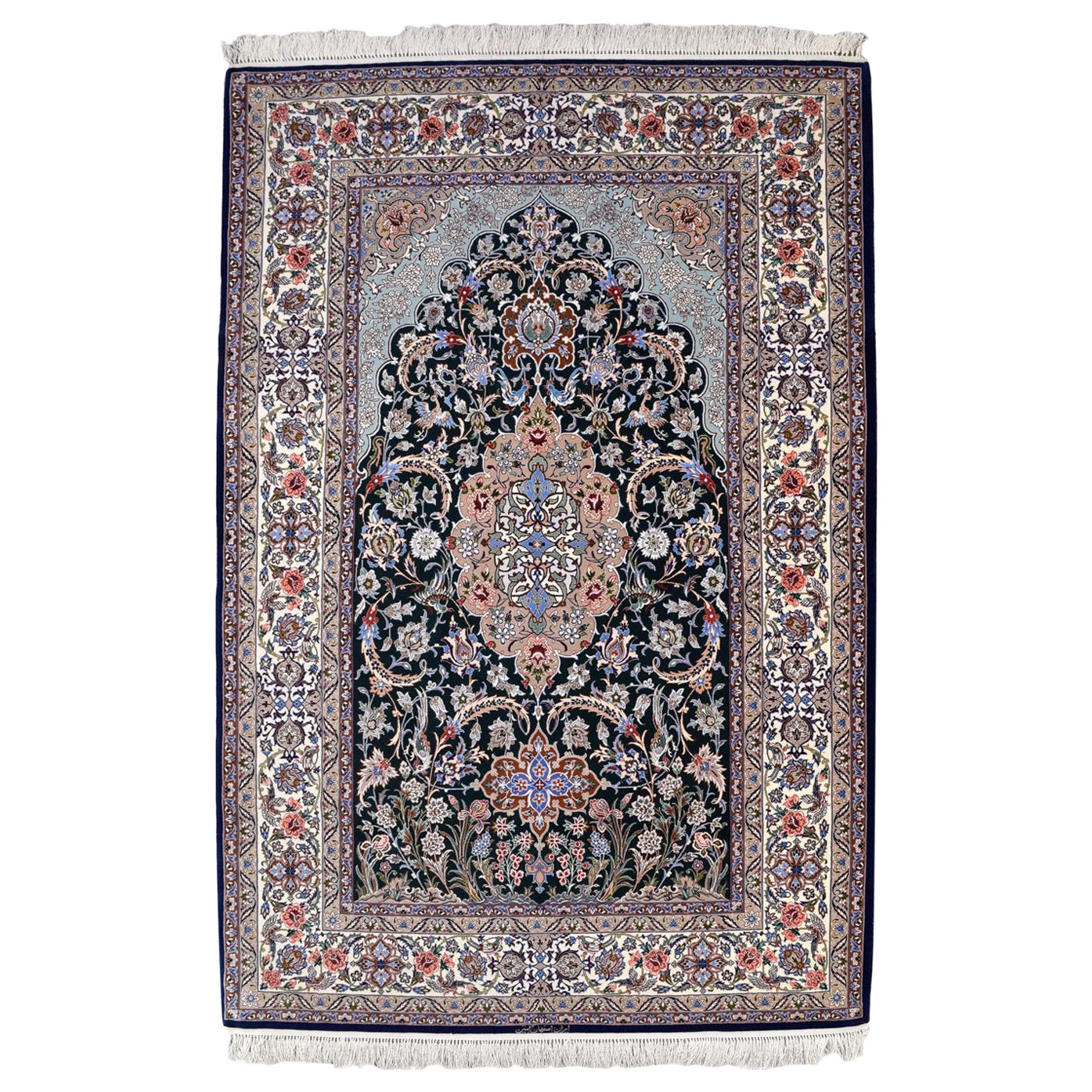 Tapis persan Isfahan, laine et soie bleu, crème et rouge, 5' x 7'