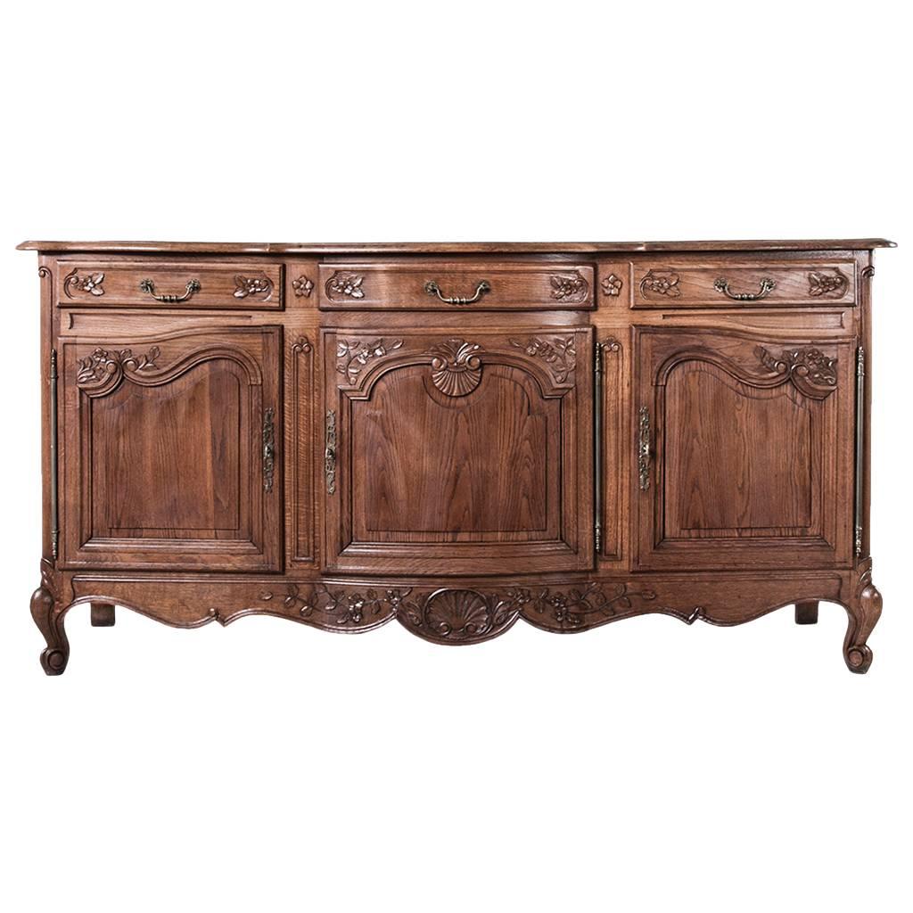 Long Hand Carved French Oak Louis XV Style Buffet or Enfilade with Bow Front