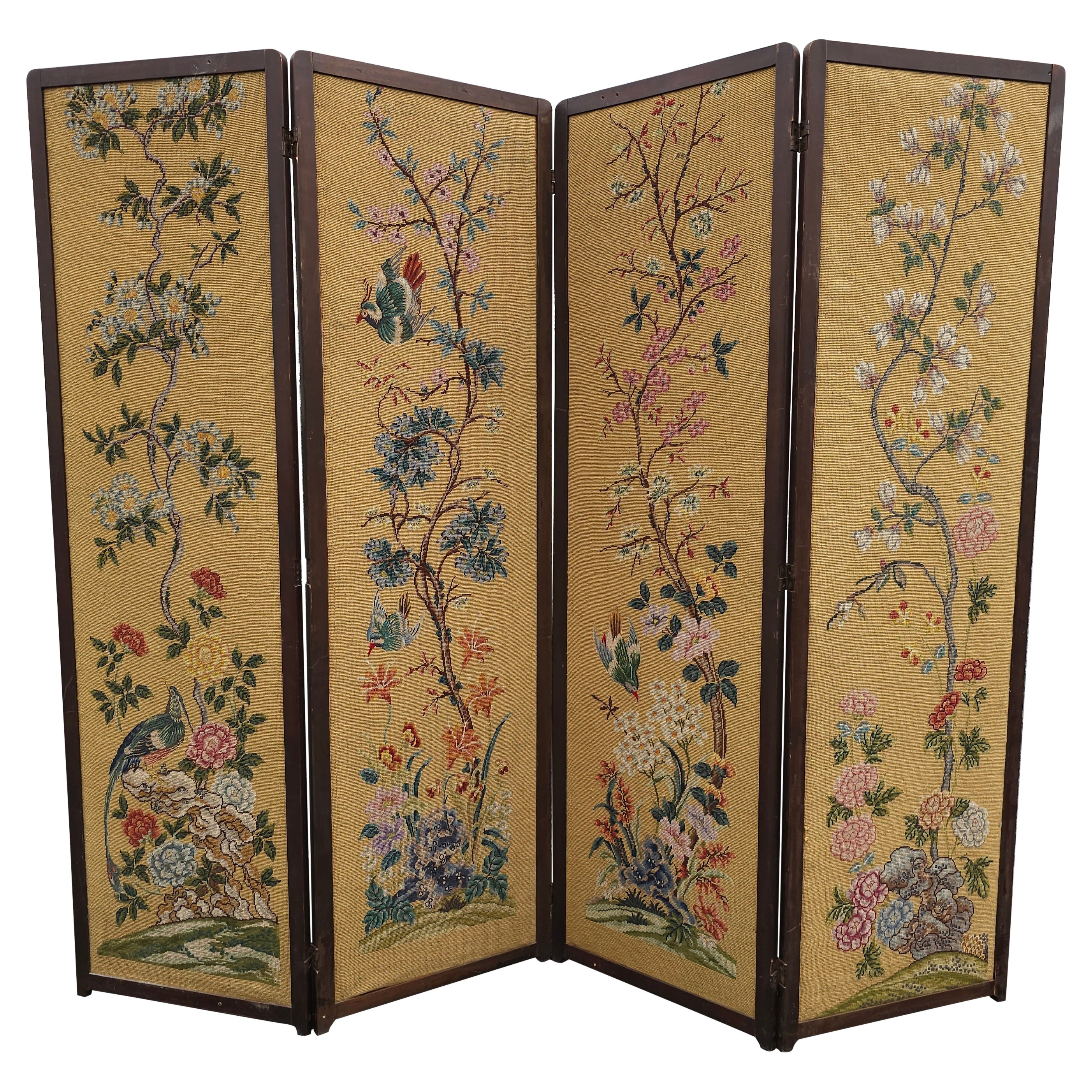 Victorian Style Needlepoint Flower & Tree Tapestry Upholstered Four Panel Screen For Sale
