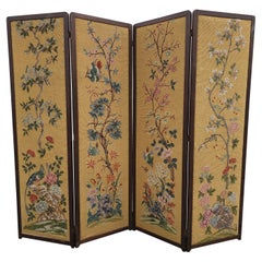 Antique Victorian Style Needlepoint Flower & Tree Tapestry Upholstered Four Panel Screen