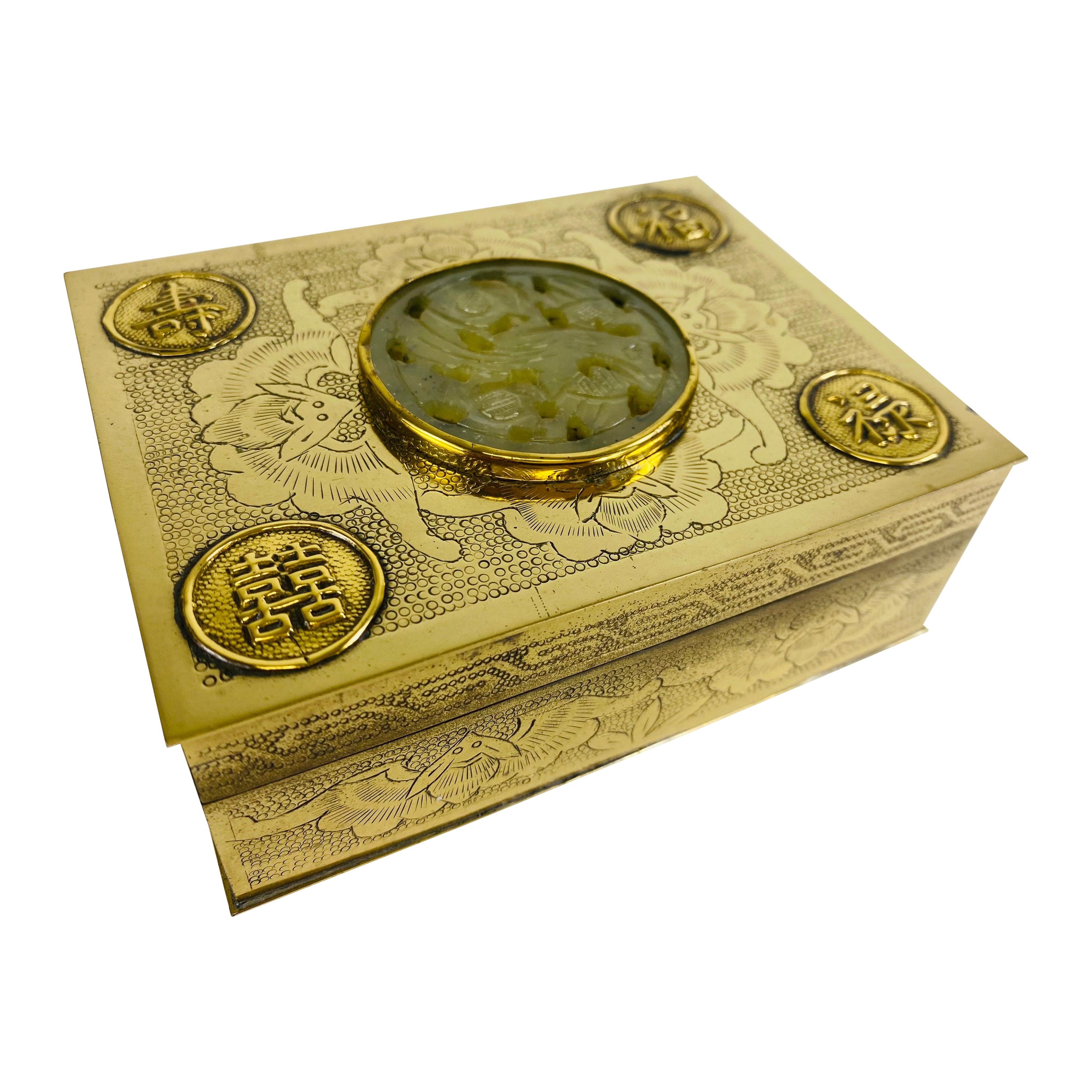 Vintage solid brass and jade Chinese export trinket box For Sale