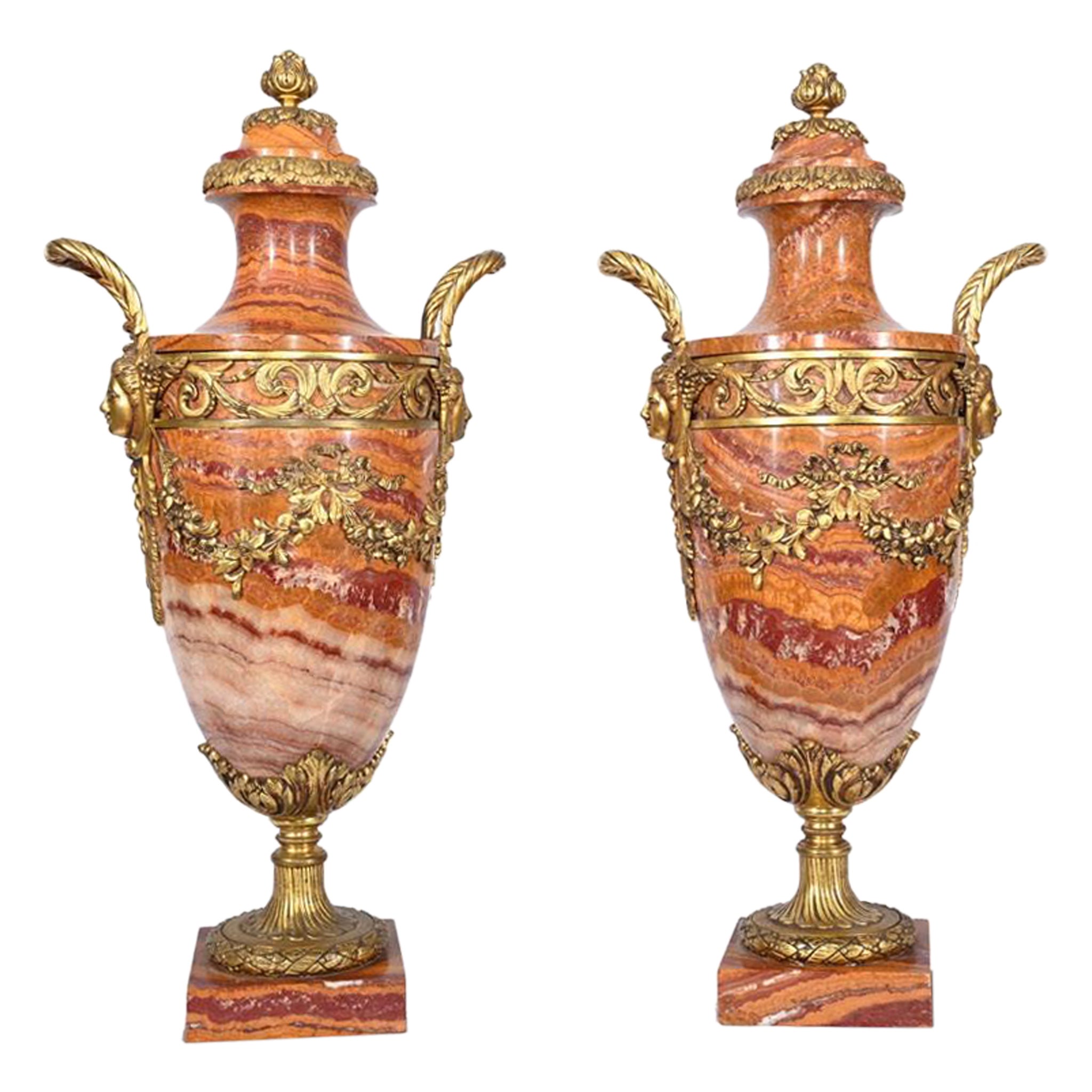 Pair French Marble Urns Amphora Cassolettes Empire 1890 For Sale