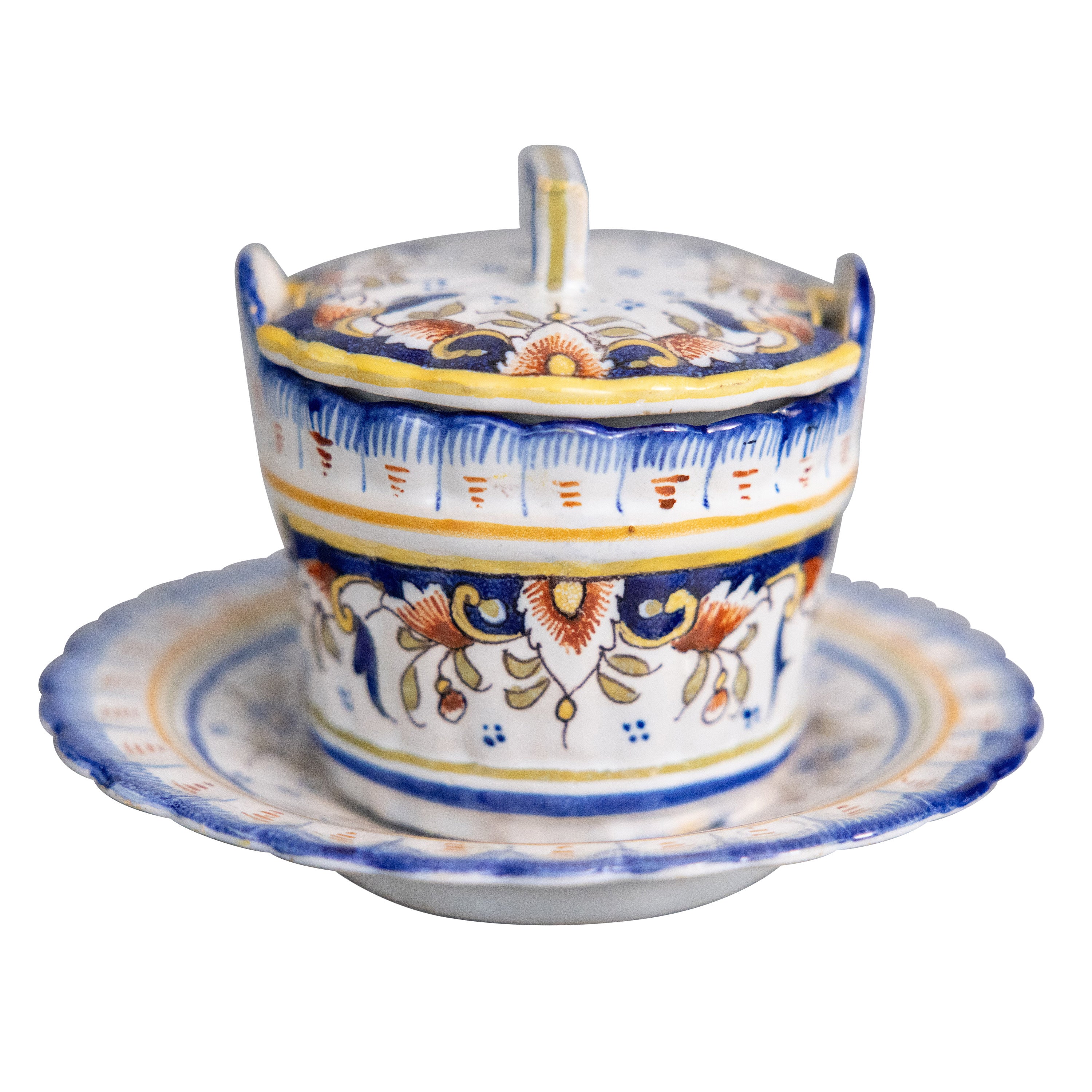 Antique French Faience Desvres Plato mantequillero con tapa, circa 1900