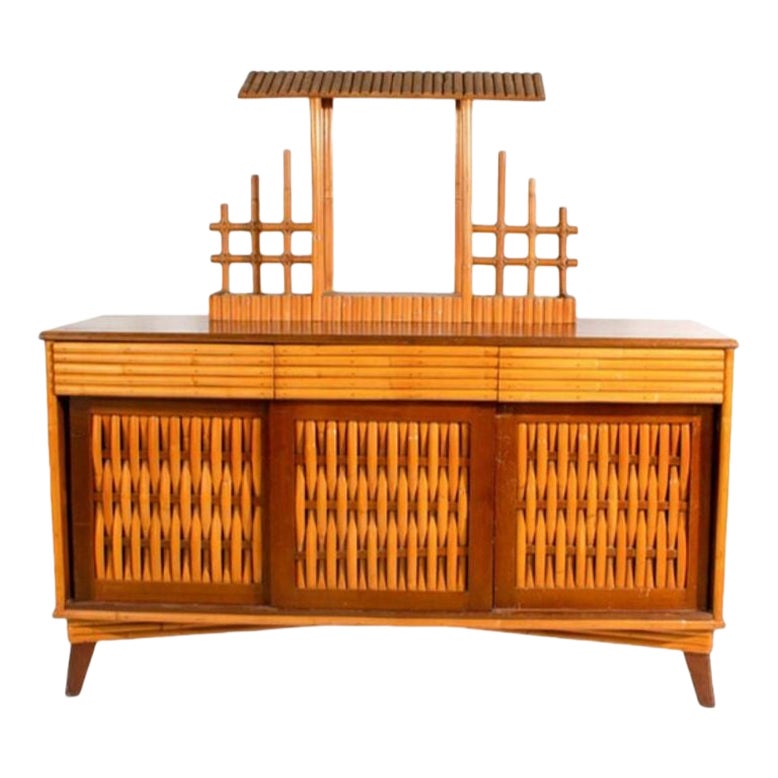 Restored Rattan Credenza Media Console with Woven Front Doors