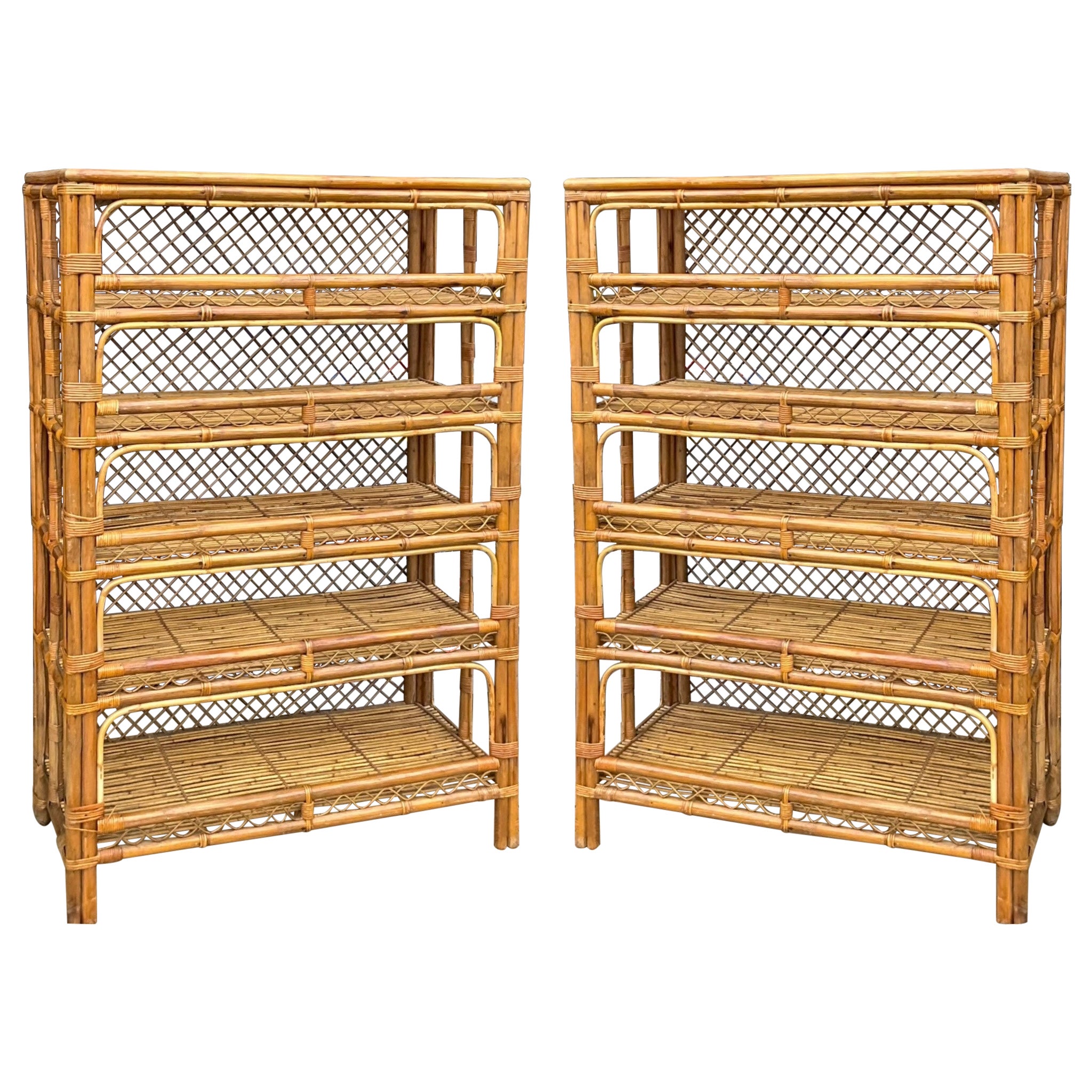 Mid-Century Organic Modern Coastal Style Bamboo Shelves / Etageres - Pair