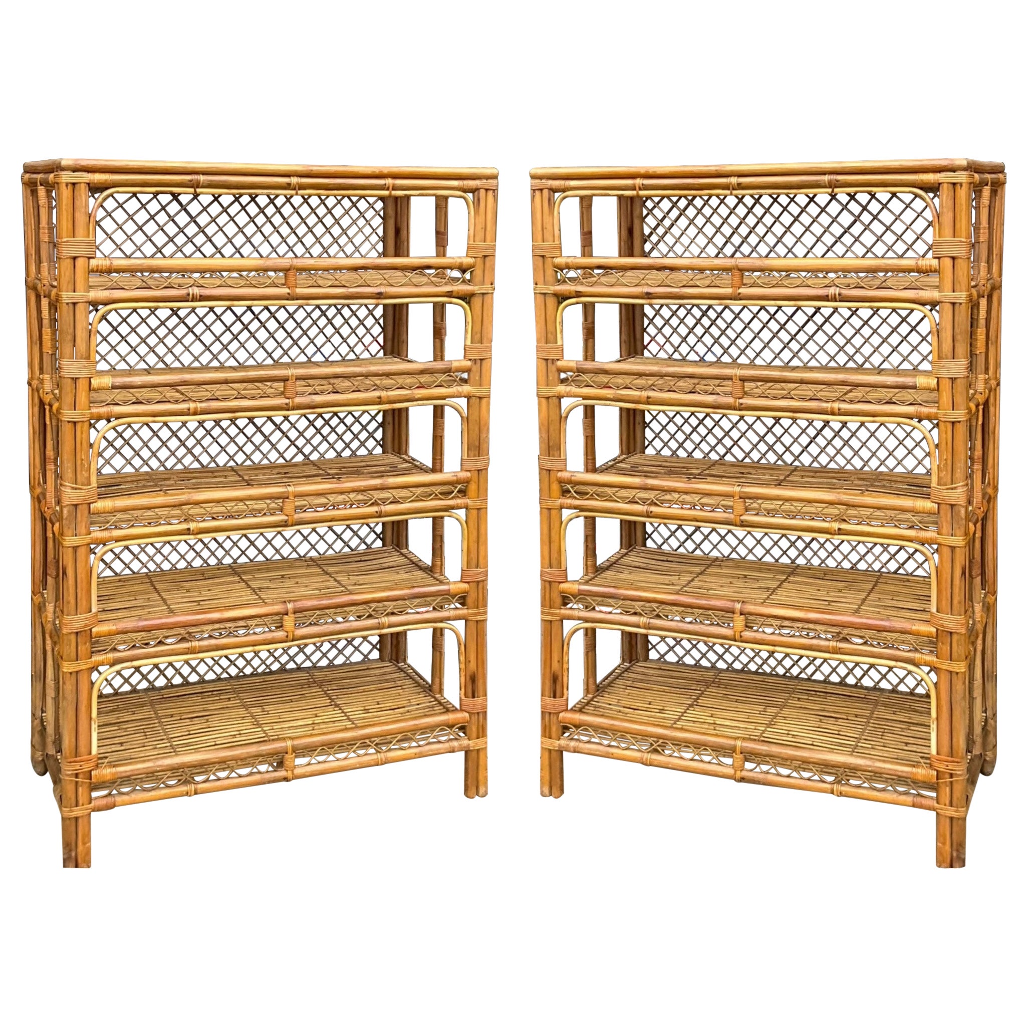 Mid-Century Organic Modern Coastal Style Bamboo Shelves / Etageres - Pair 