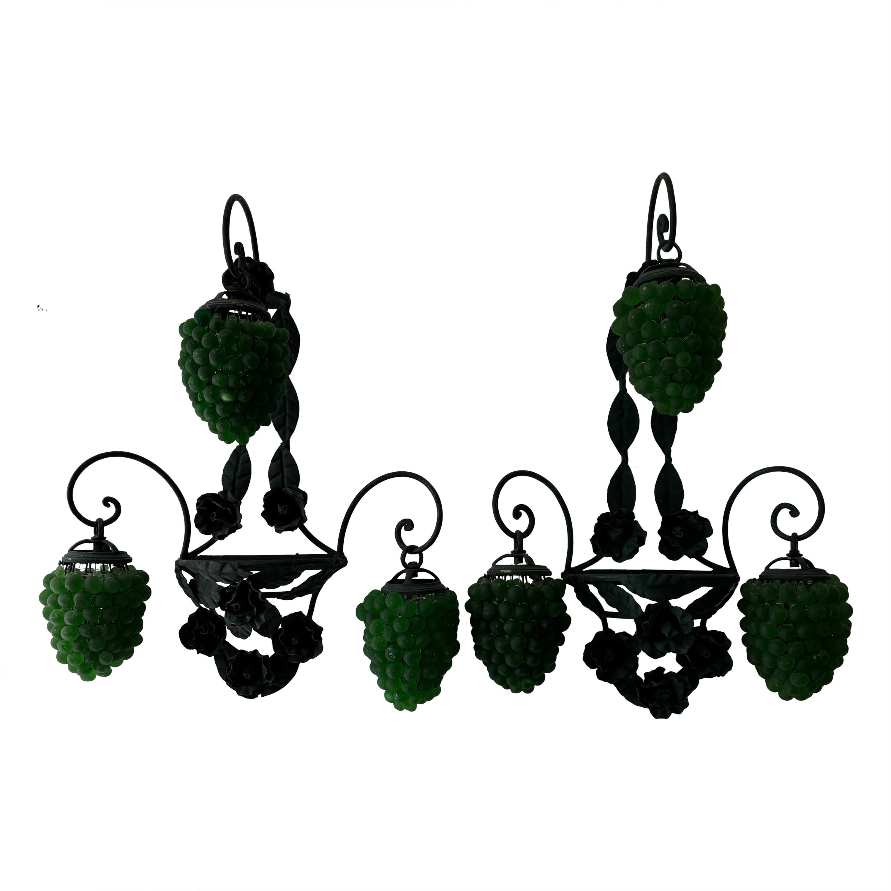 1950s Murano Huge 3 Lights Green Grape Sconces Roses Rare