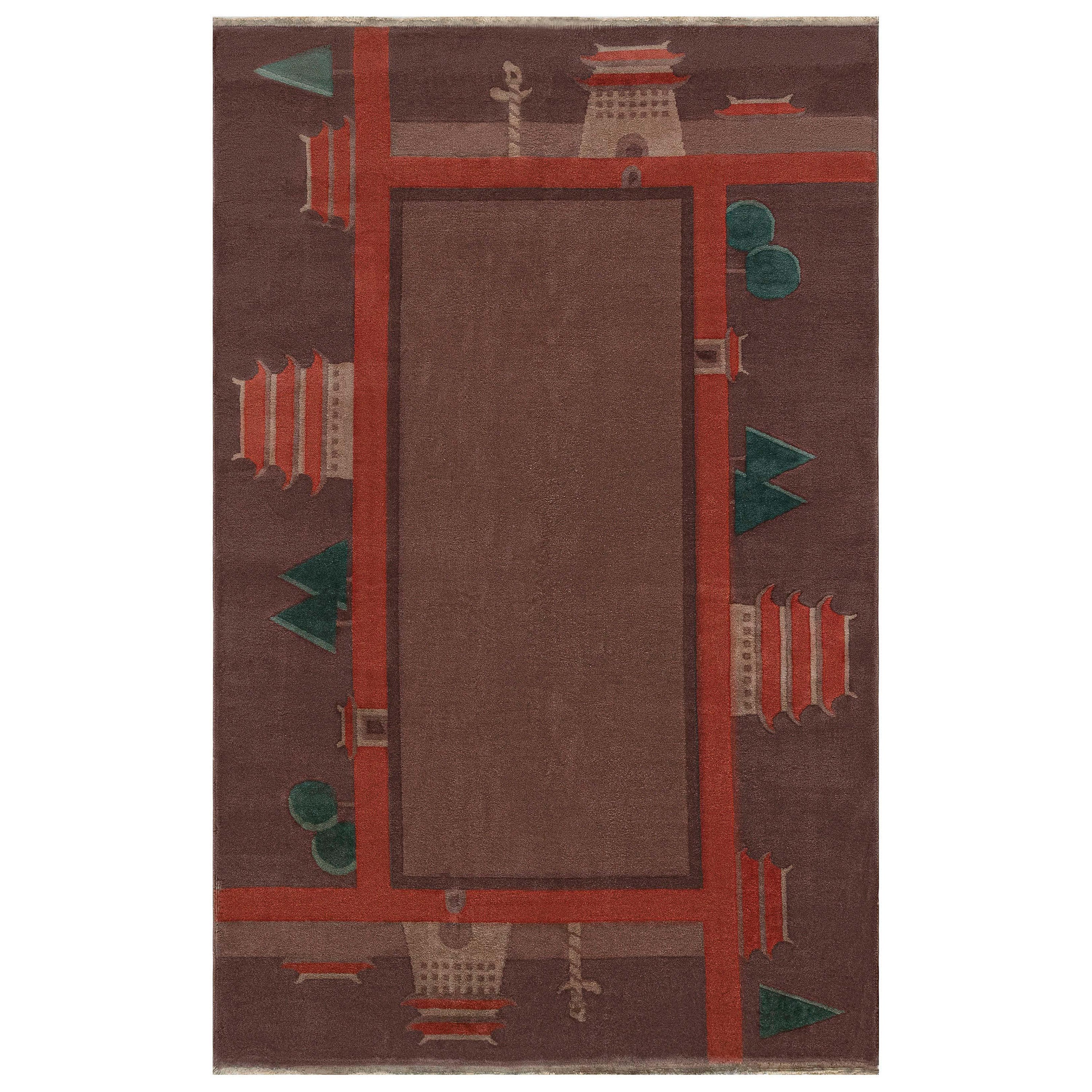Chinese Art Deco Botanic Handmade Wool Rug