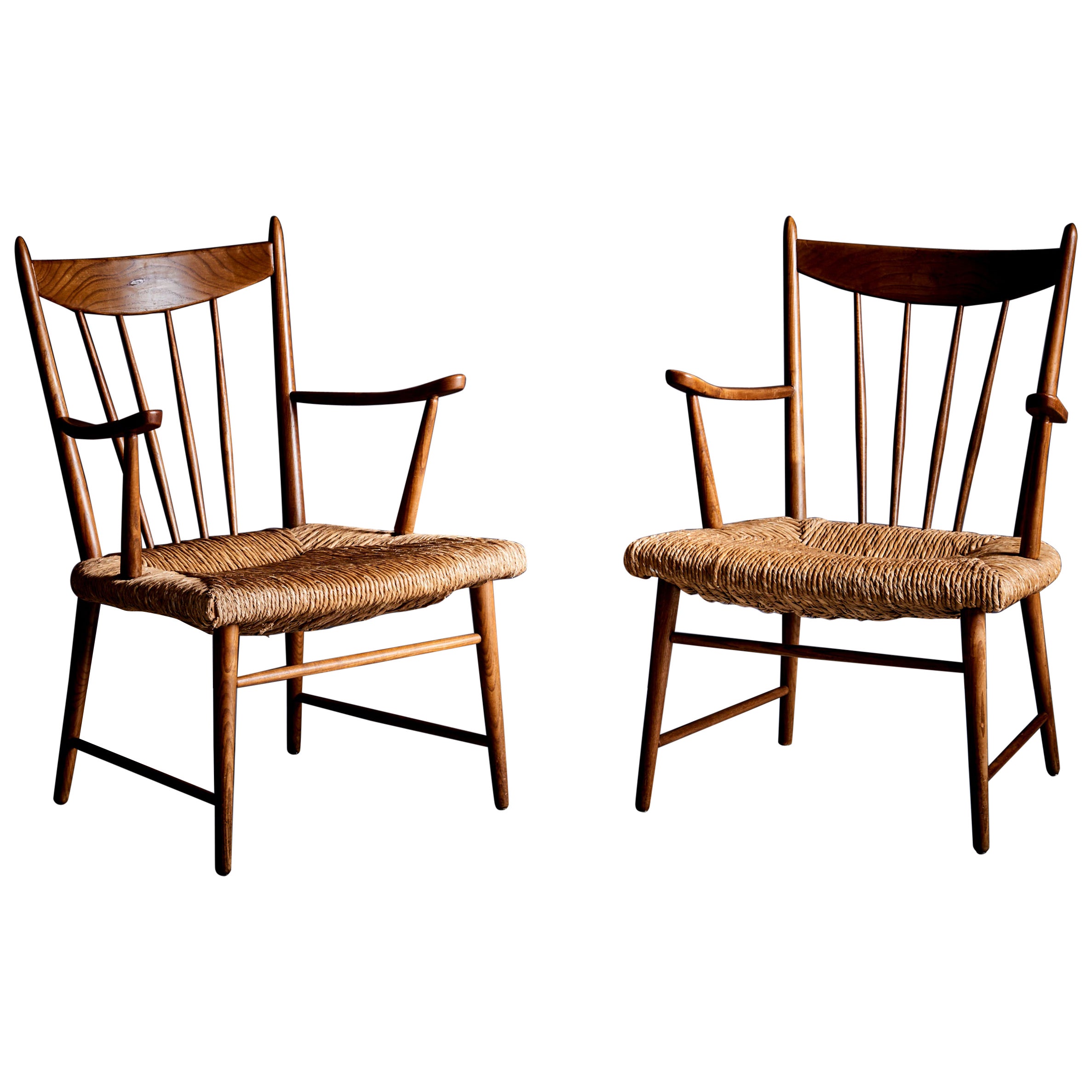 Pair of petit Dutch wooden lounge chairs with handwoven papercord seat For Sale
