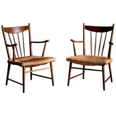 Pair of petit Dutch wooden lounge chairs with handwoven papercord seat