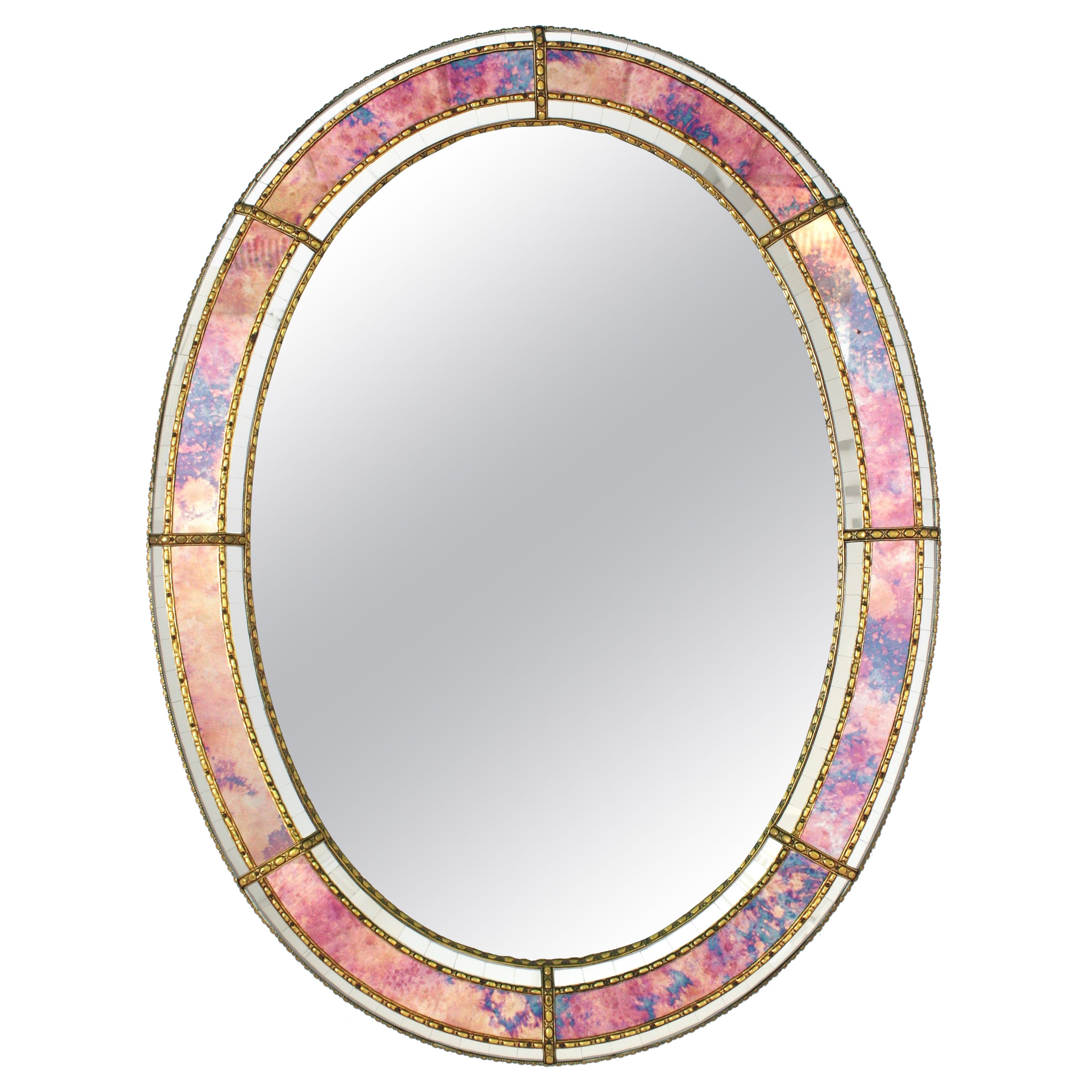 Oval Venetian Style Mirror with Pink Purple Glass and Brass Details