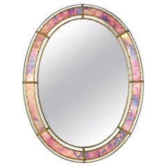 Oval Venetian Style Mirror with Pink Purple Glass and Brass Details