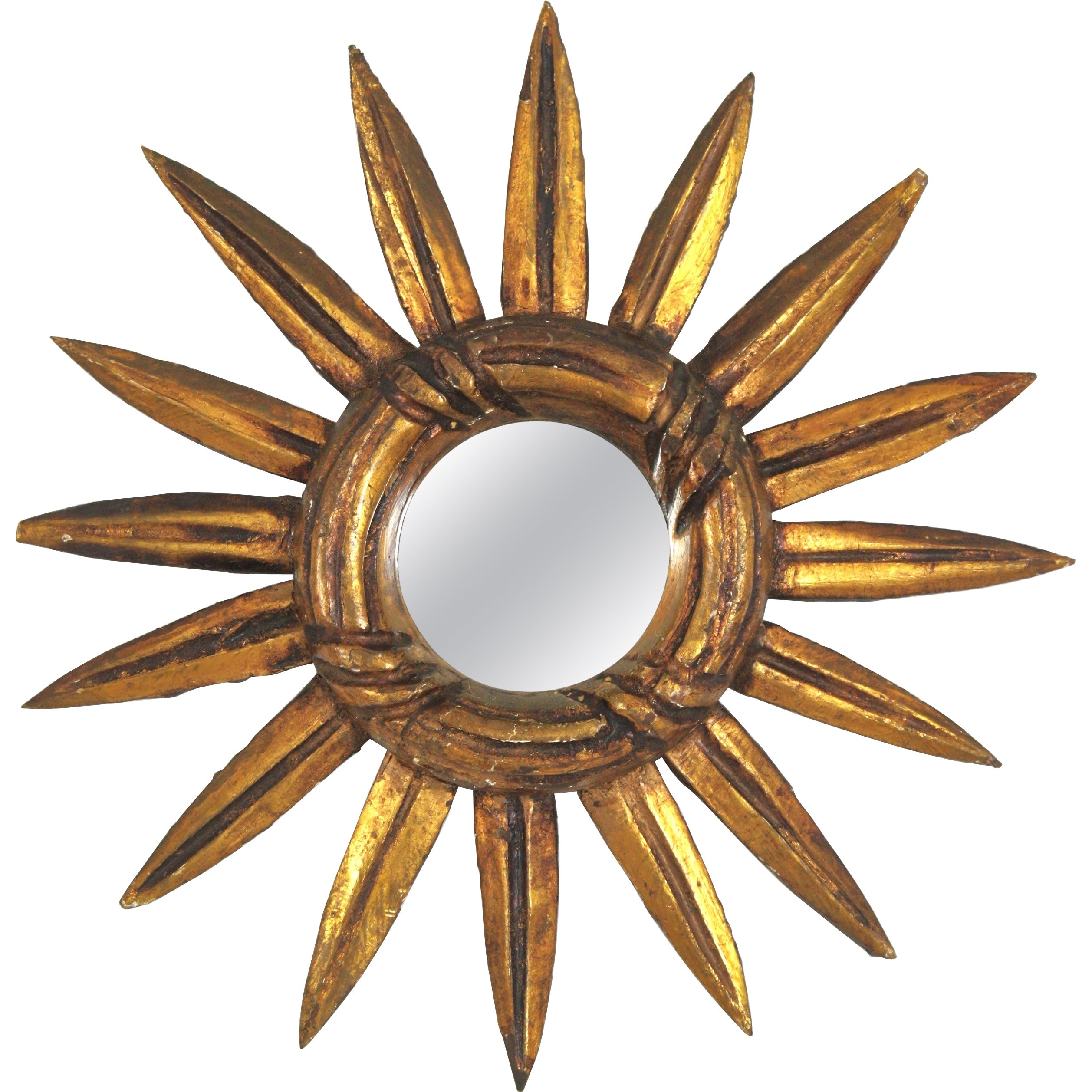 Miroir espagnol Sunburst de petite taille en bois doré en vente