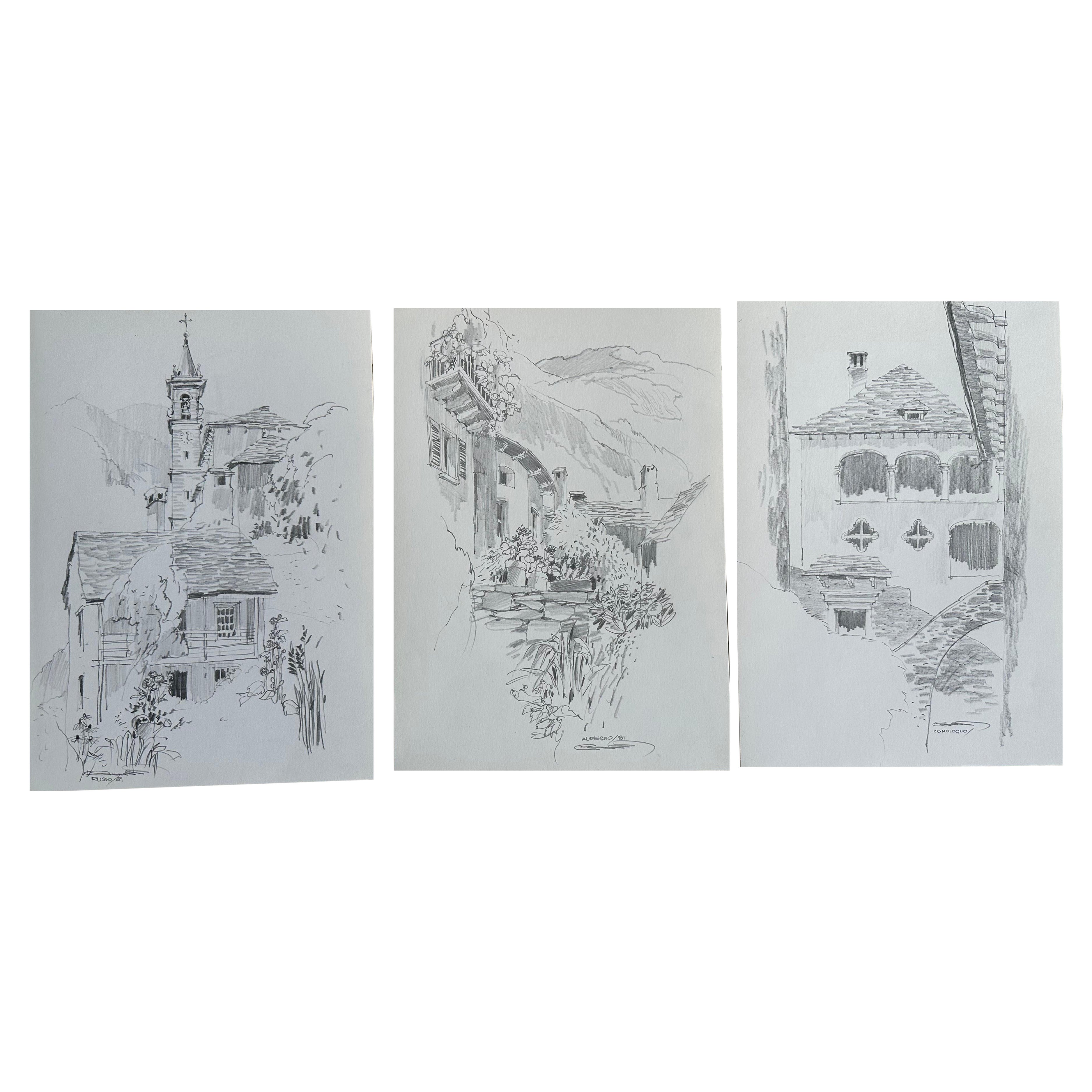 Jan Kristofori Original Pencil Sketches, Set of 3, Authentic Swiss Motives For Sale