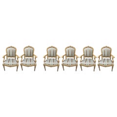 Set of Six  Italian Louis XVI Giltwood Armchairs, Florentine Silk Fabric