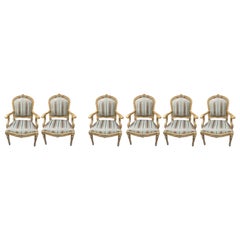 Used Italian Louis XVI Giltwood Armchairs, Florentine Silk Fabric Set of Six 