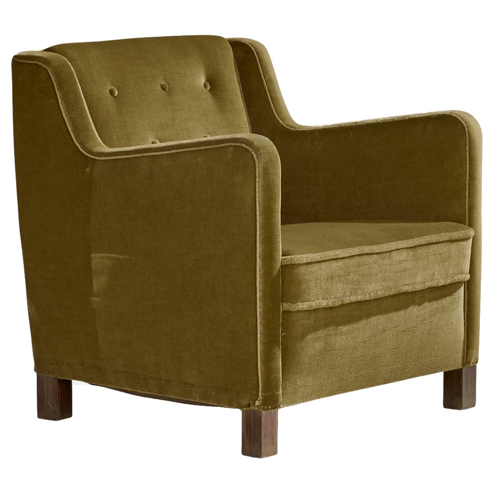 Danish Designer, Lounge Chair, Velvet, Wood, Denmark, 1940s