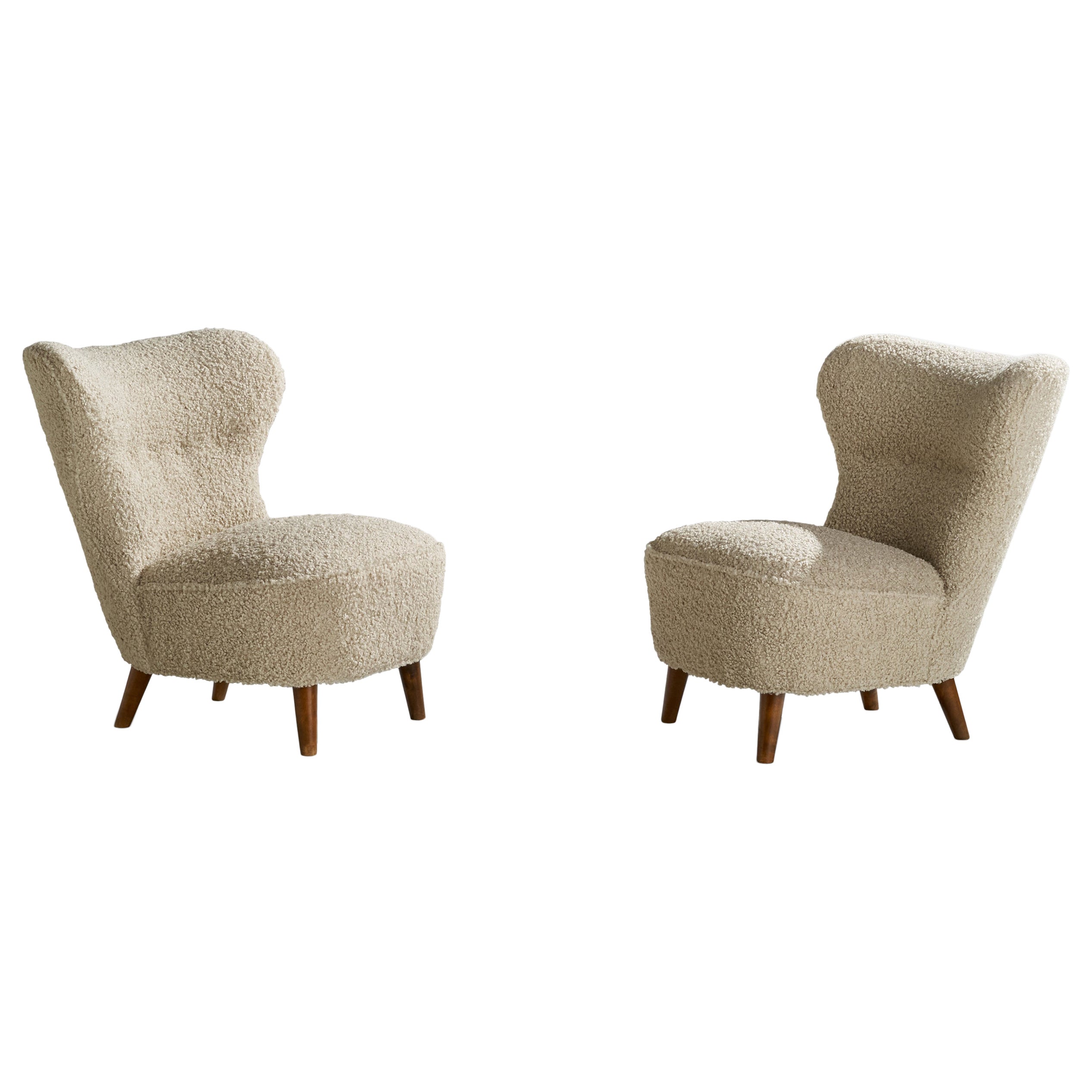 Swedish Designer, Slipper Chairs, Oak, Fabric, Sweden, 1940s