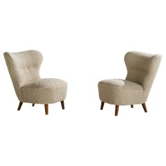 Used Swedish Designer, Slipper Chairs, Oak, Fabric, Sweden, 1940s