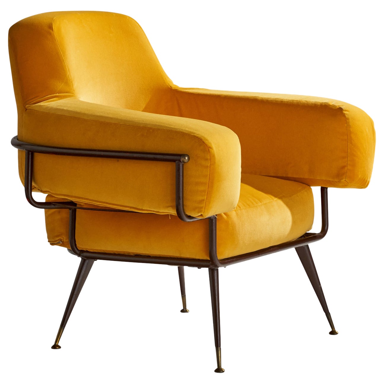 Rito Valla, Lounge Chair, Metal, Brass, Velvet, Italy 1950s For Sale