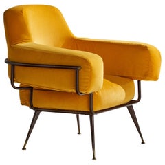 Vintage Rito Valla, Lounge Chair, Metal, Brass, Velvet, Italy 1950s