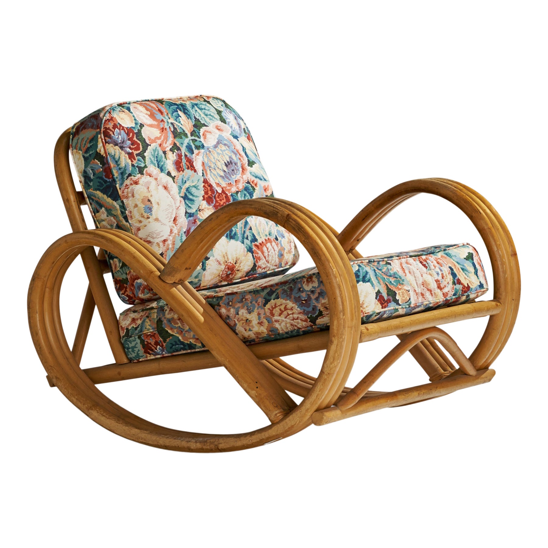 American Designer, Rocking Lounge Chair, Bamboo, Fabric, USA, 1950s