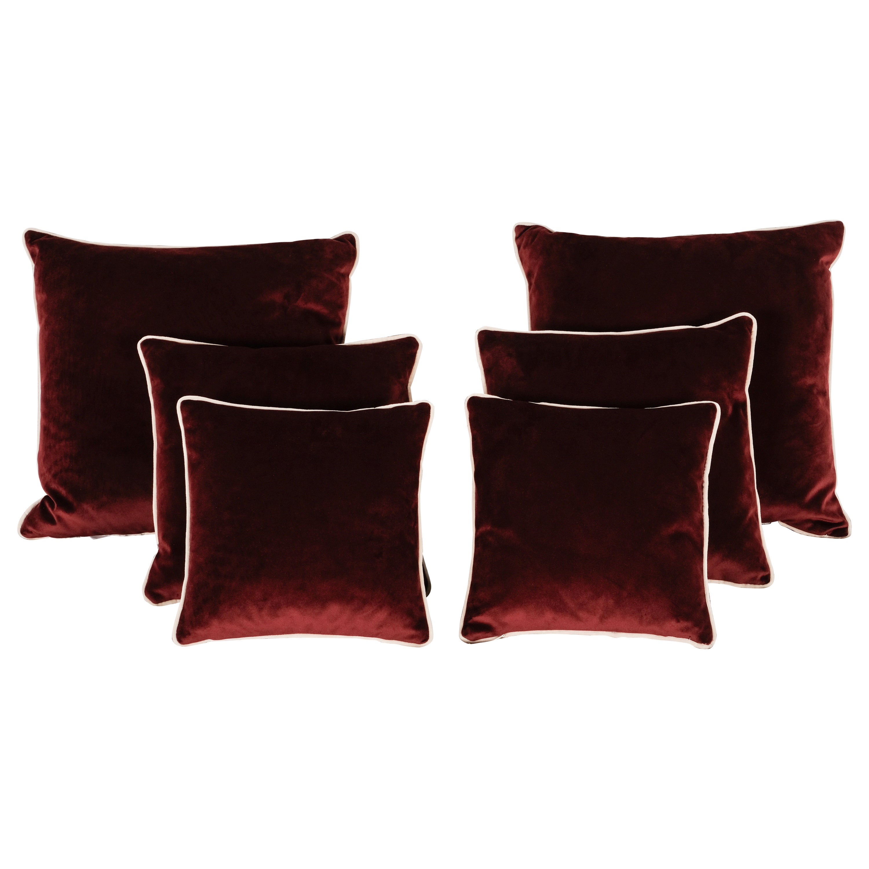 Set of 6 Decorative Pillows Red Cream Velvet Handmade by Lusitanus For Sale