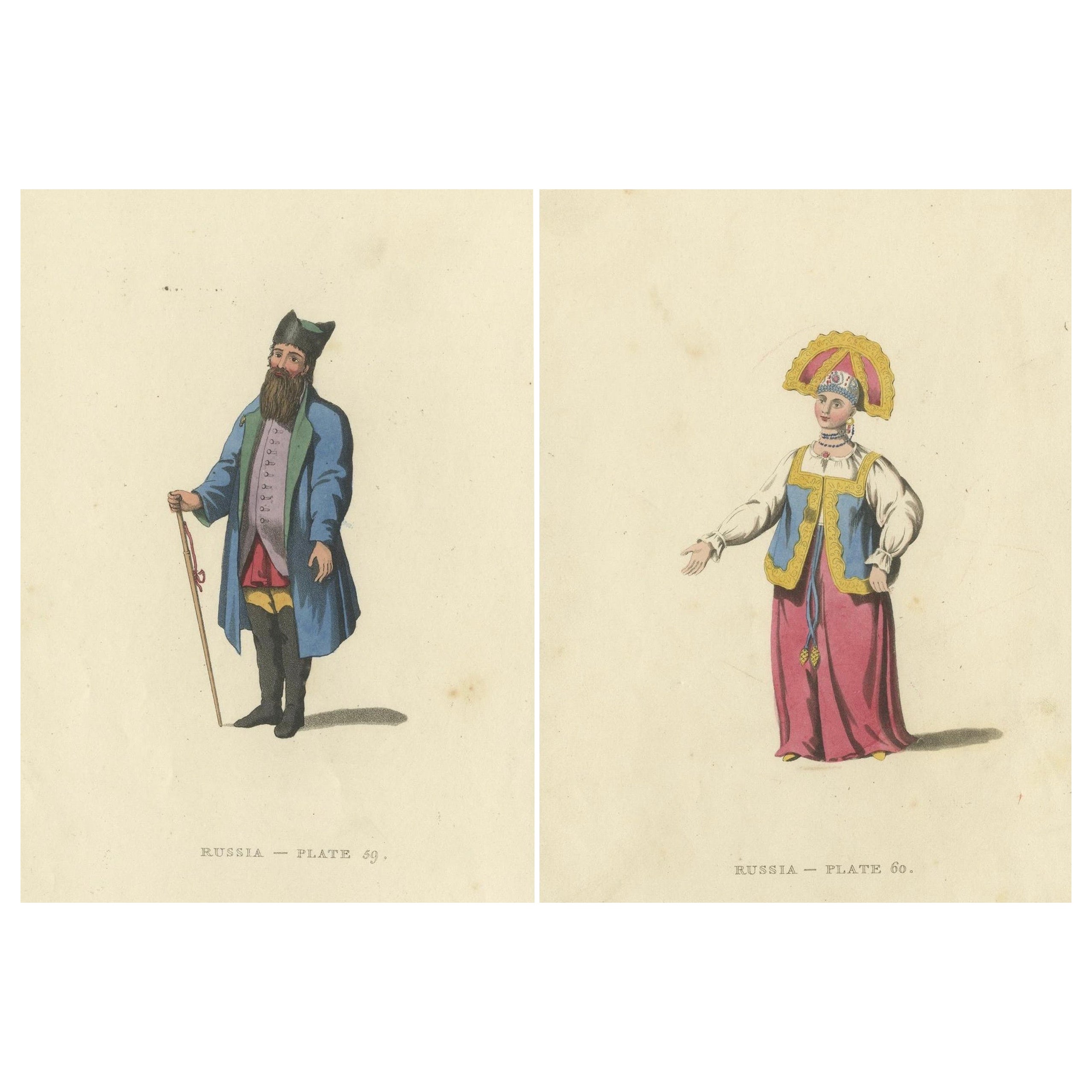 Sartorial Elegance of Kaluga: A Merchant and a Woman in Traditional Attire, 1814 For Sale