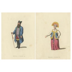 Antique Sartorial Elegance of Kaluga: A Merchant and a Woman in Traditional Attire, 1814