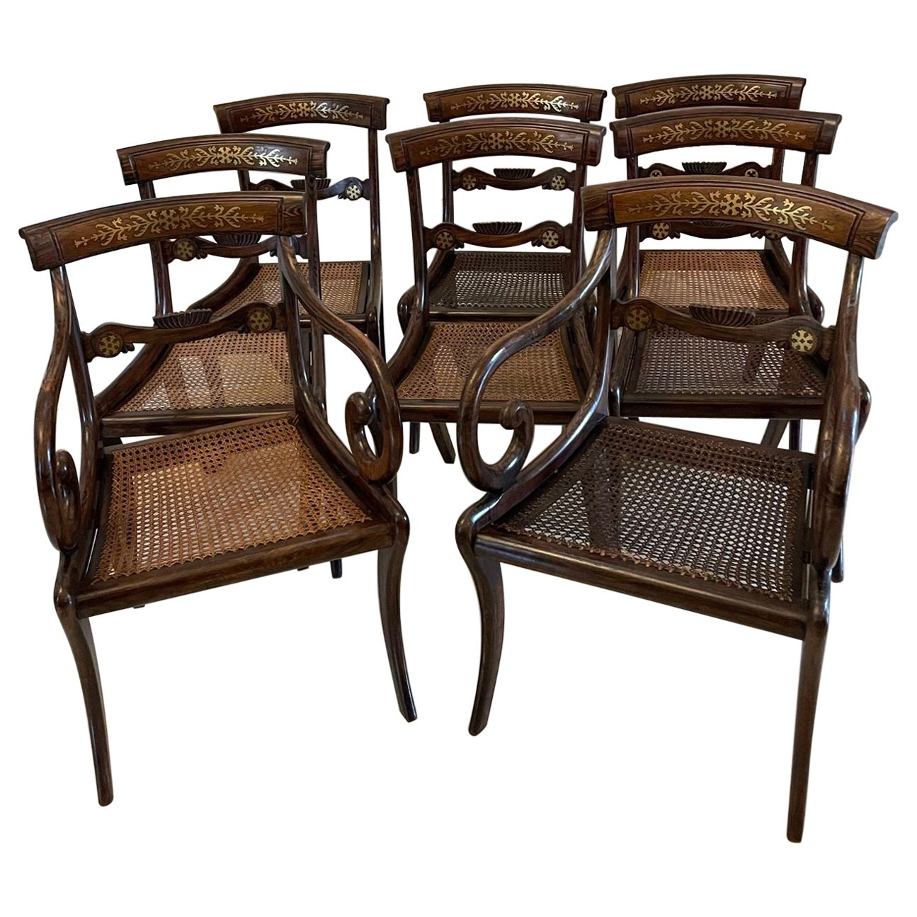 Superb Quality Set of 8 Antique Regency Rosewood Brass Inlaid Dining Chairs  For Sale