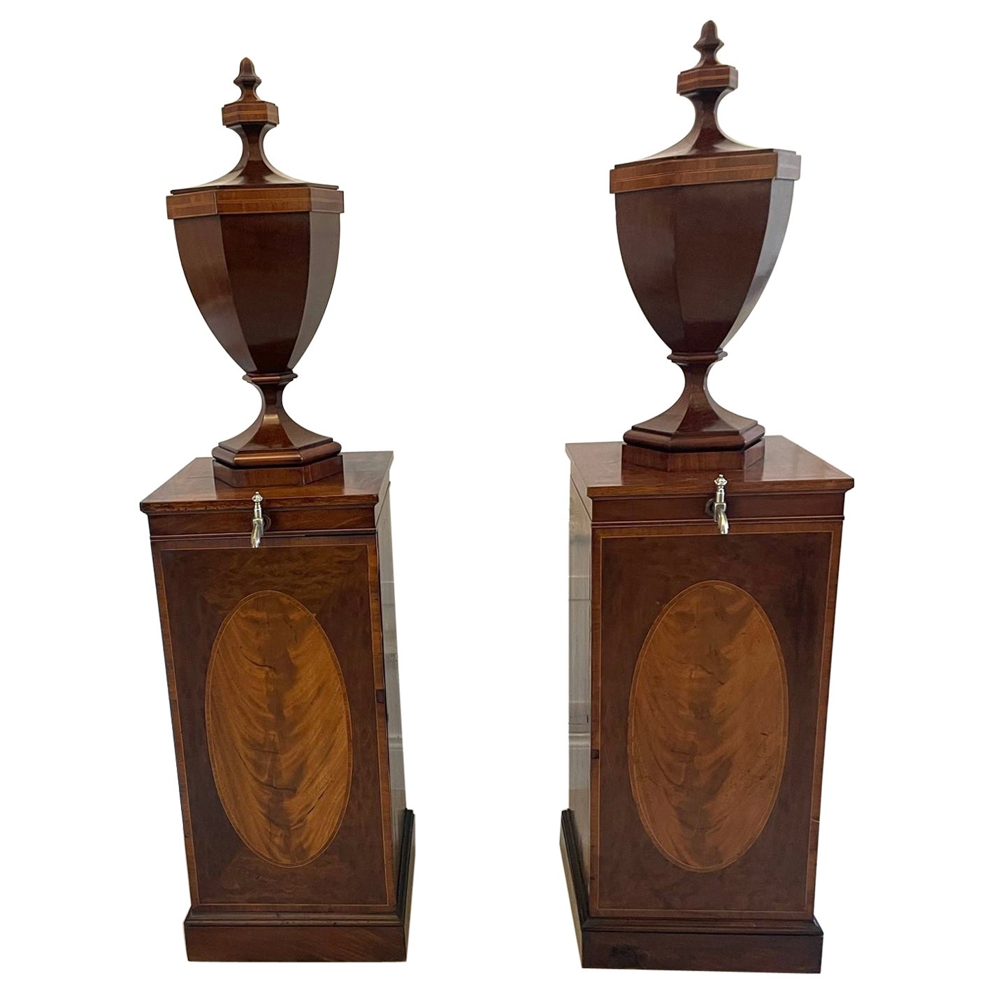 Rare Pair of Antique Mahogany Inlaid Wine Urns on Original Pedestal Cupboards For Sale