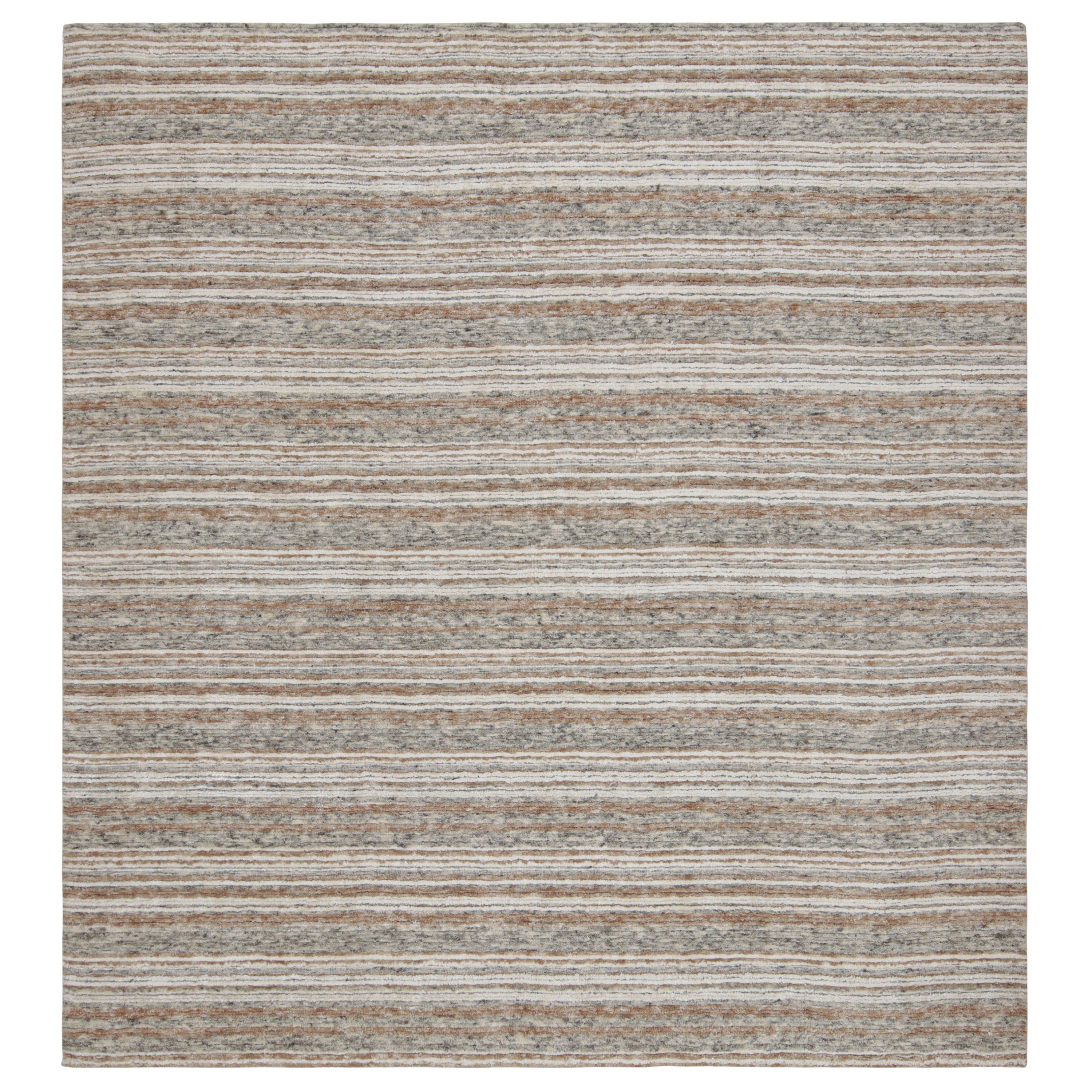Rug & Kilim’s Textural Rug with Beige-Brown and Gray Stripes “Light on Loom” For Sale