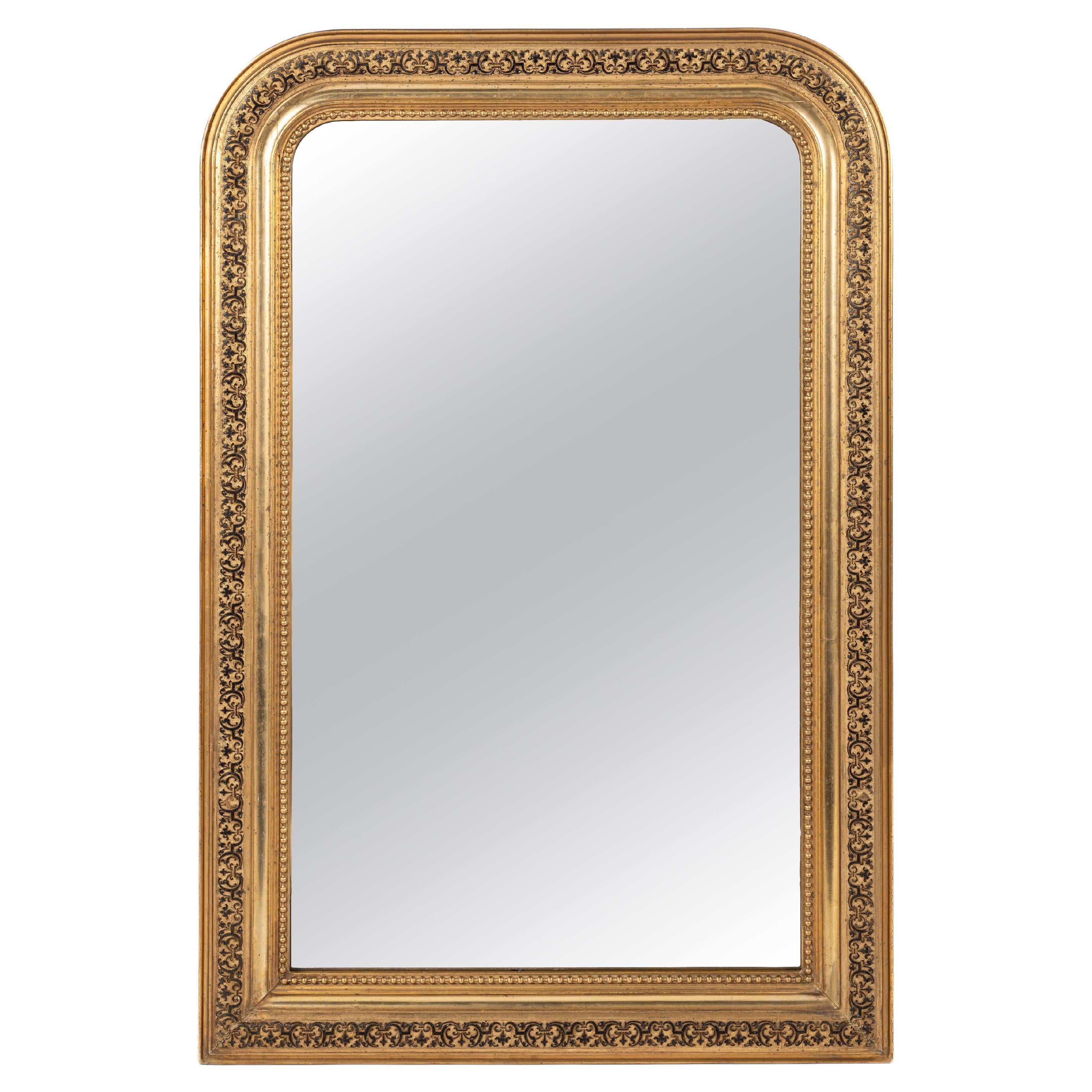 Antique 19th-century French black and gold leaf gilt  Louis Philippe mirror  For Sale