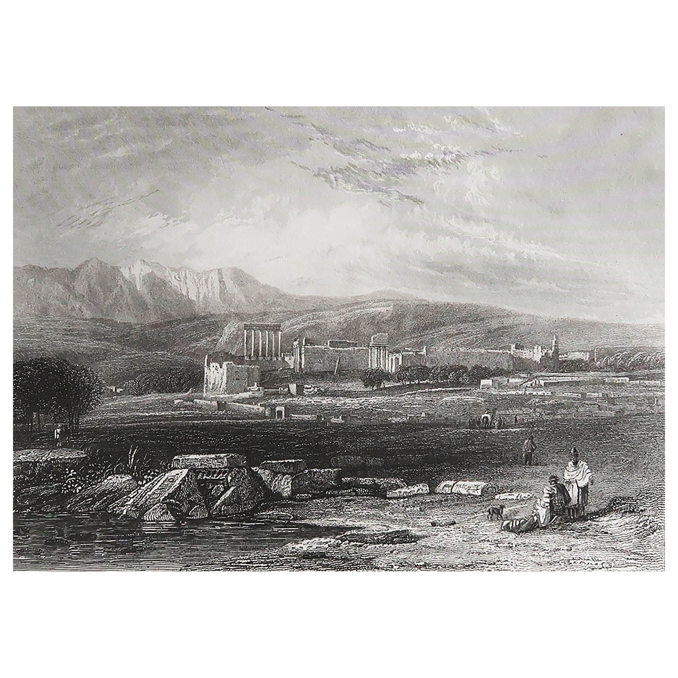 Impression ancienne originale du temple de Baalbek, Liban. C.1850 en vente