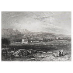 Impression ancienne originale du temple de Baalbek, Liban. C.1850