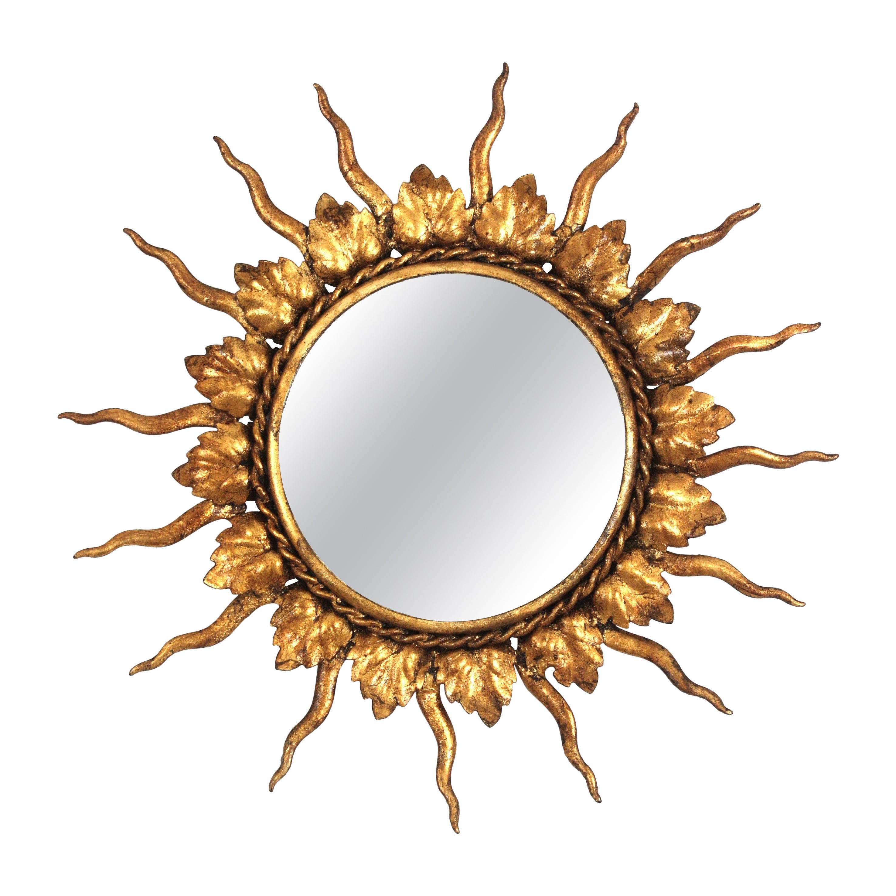 French Sunburst Mirror in Gilt Metal in Small Scale, 1950s For Sale