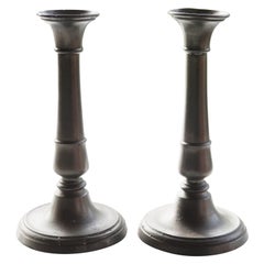 Pair of Antique Round Base Pewter Candlesticks, English, C.1800