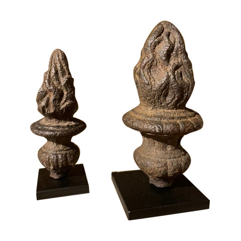 Pair 17th Century French Baroque Iron Flaming Urn Finials  For Sale