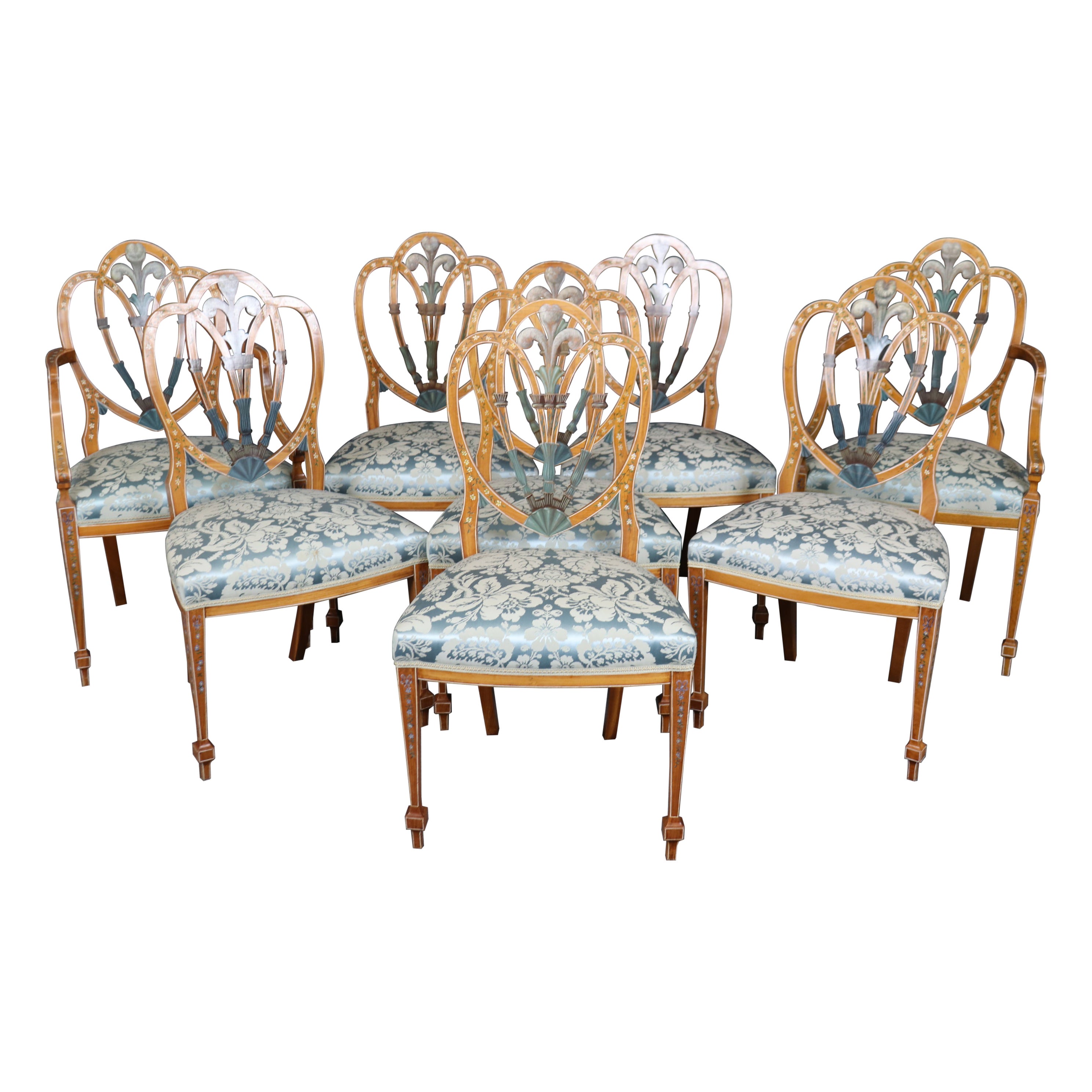 Fantastique ensemble de 8 chaises de salle à manger en bois satiné décoré d'Antiquities Adams 